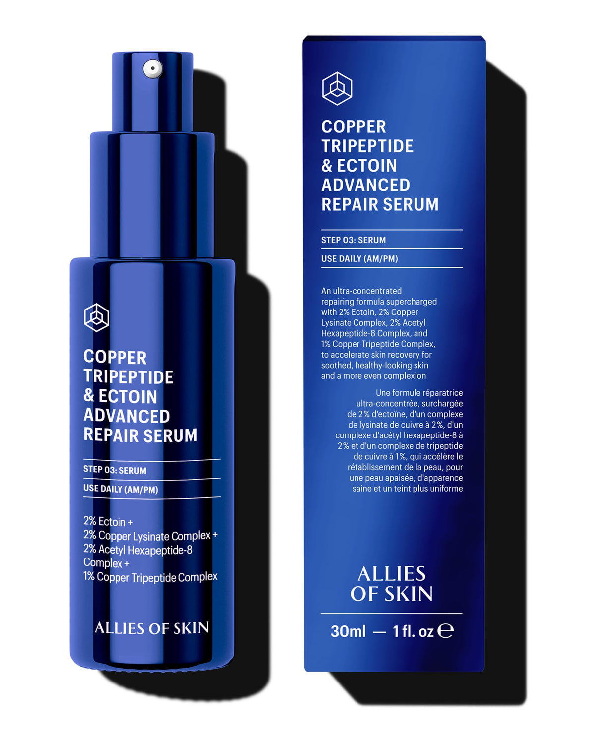 Allies of Skin sérum cuivre-tripeptide-ectoine, flacon hydratant pour peau sèche.