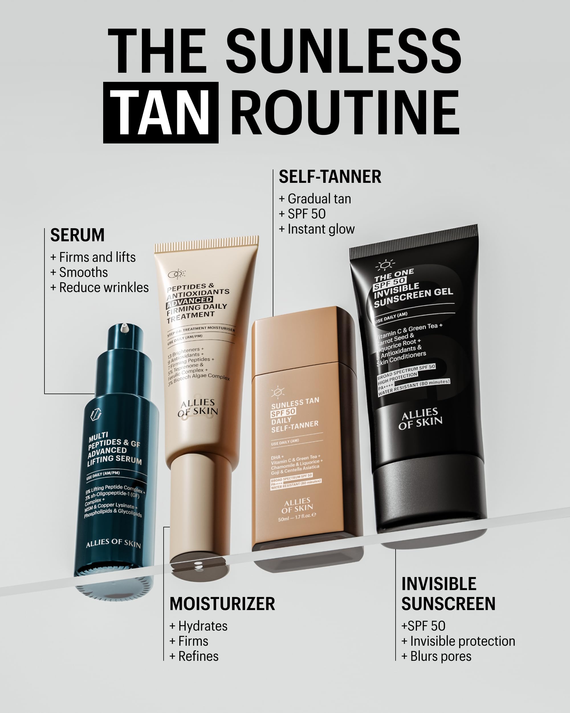 Allies of Skin SPF50 visage, sans parfum, usage quotidien sans irritations.