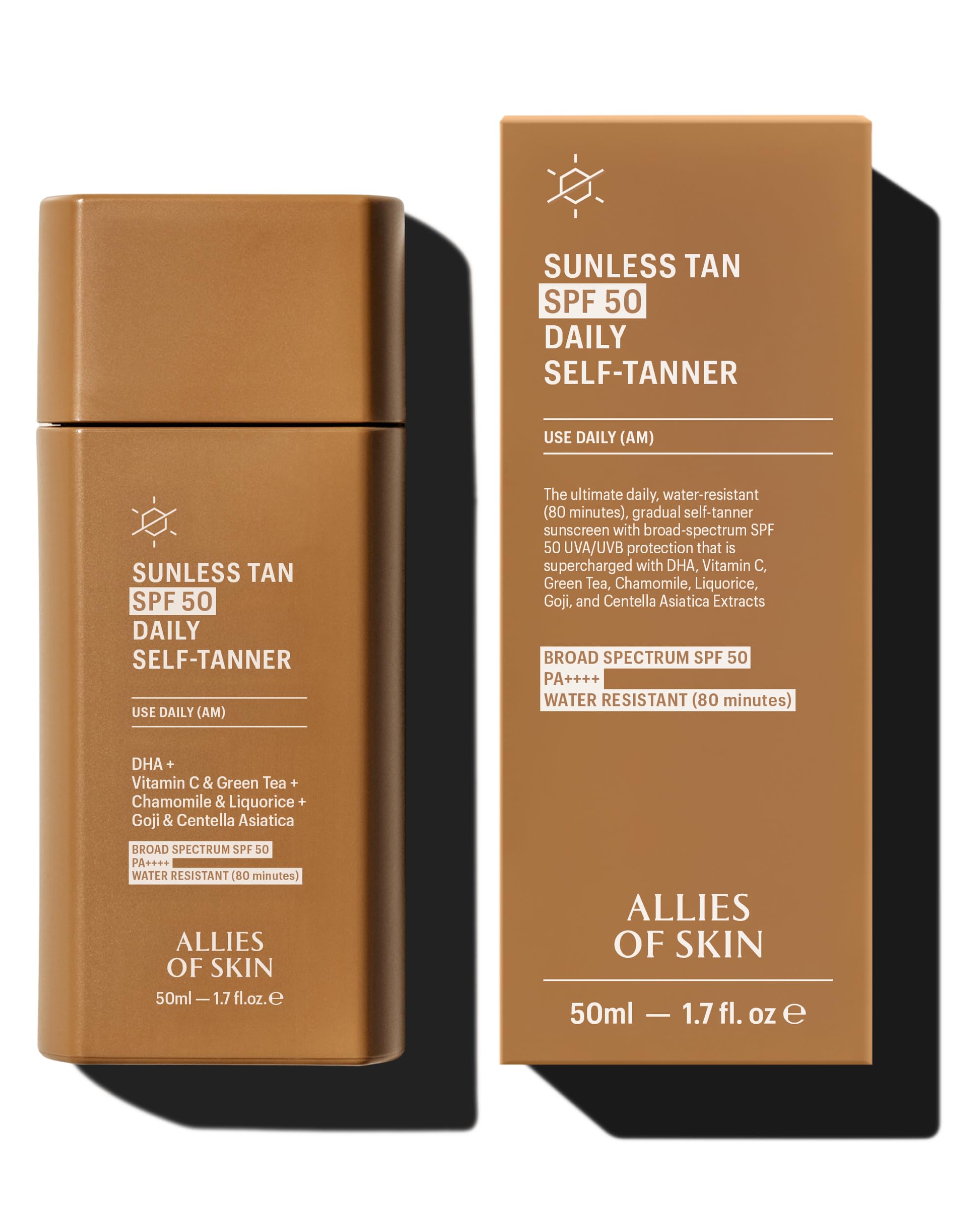 Allies of Skin SPF50 pour le visage, teinte-progressive pour un teint naturel.