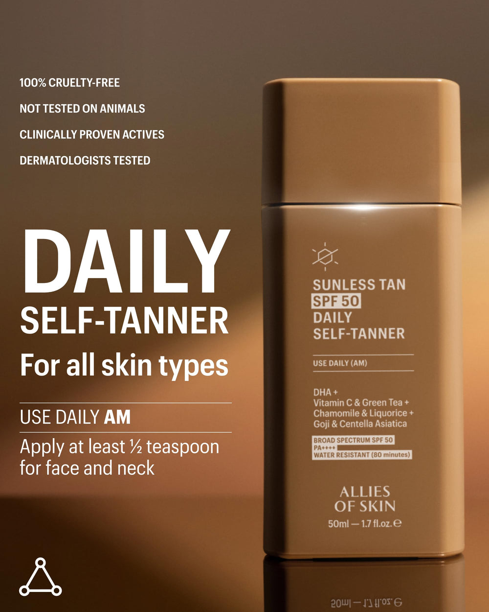 Allies of Skin SPF50 visage, vegan et dermatologiquement testé.