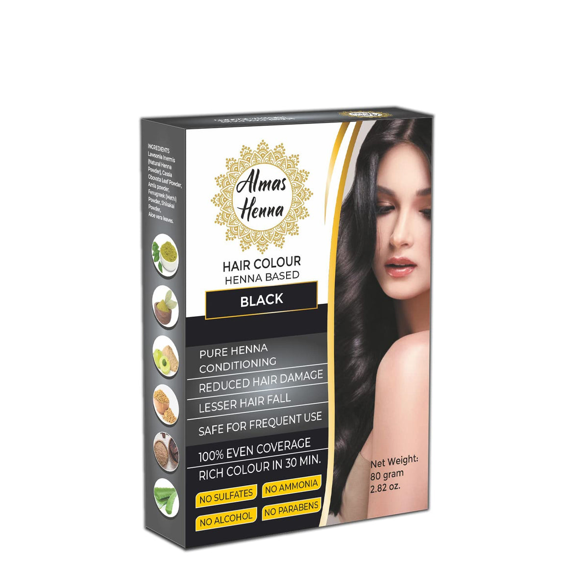 Almas Henna : poudre naturelle pour colorer et éclairer les cheveux.