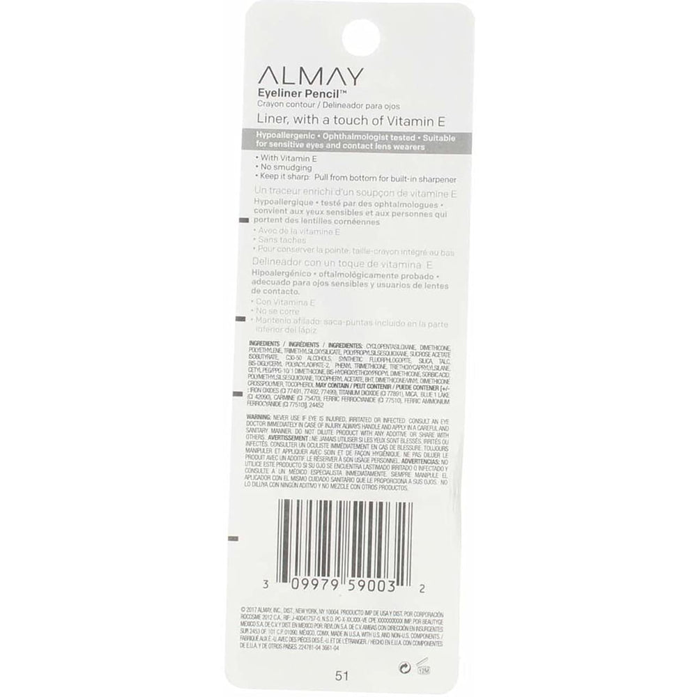 Almay crayon yeux Intense i-Color Noir Perle, avec taille-crayon intégré pour retouches faciles.