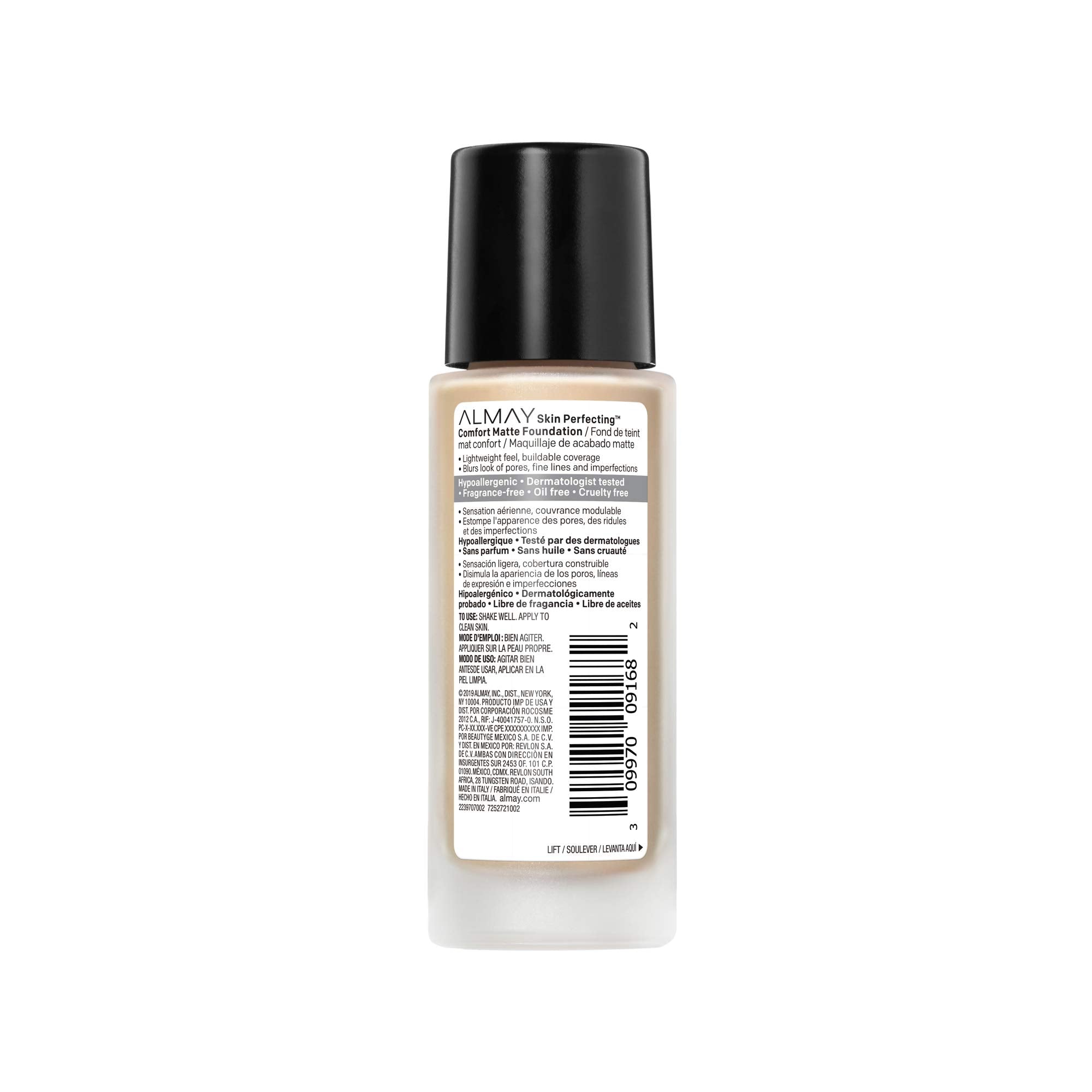 Texture fluide d'Almay Foundation pour un fini mat et peau sans brillance.