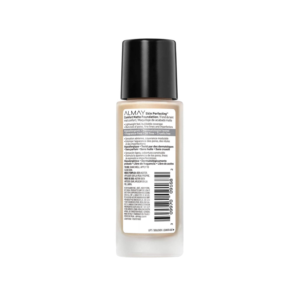 Texture fluide d'Almay Foundation pour un fini mat et peau sans brillance.