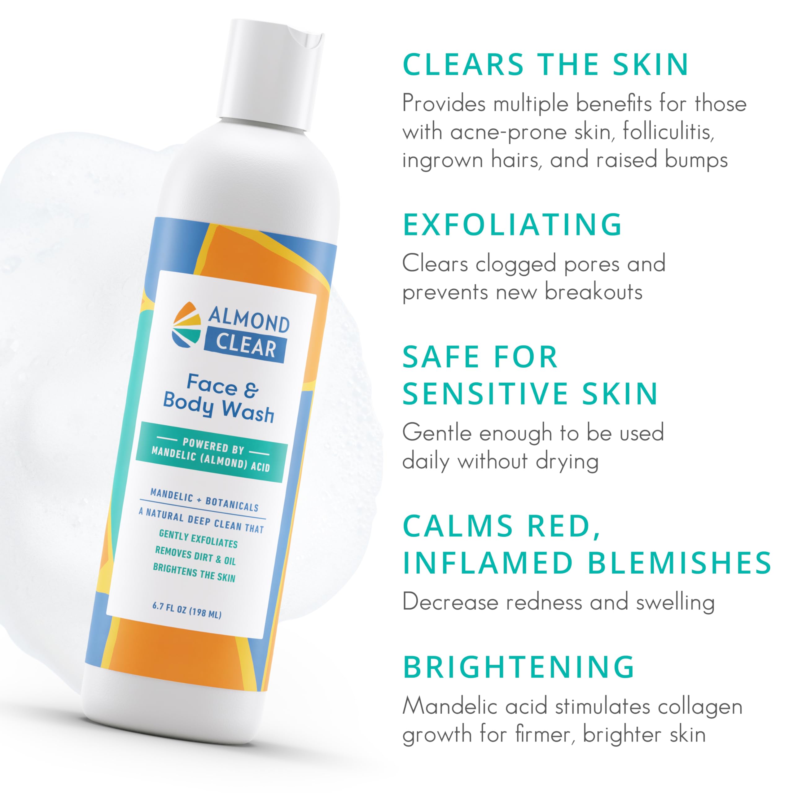 Almond Clear exfolie le visage et le corps avec mandélique, pour une peau plus lisse.