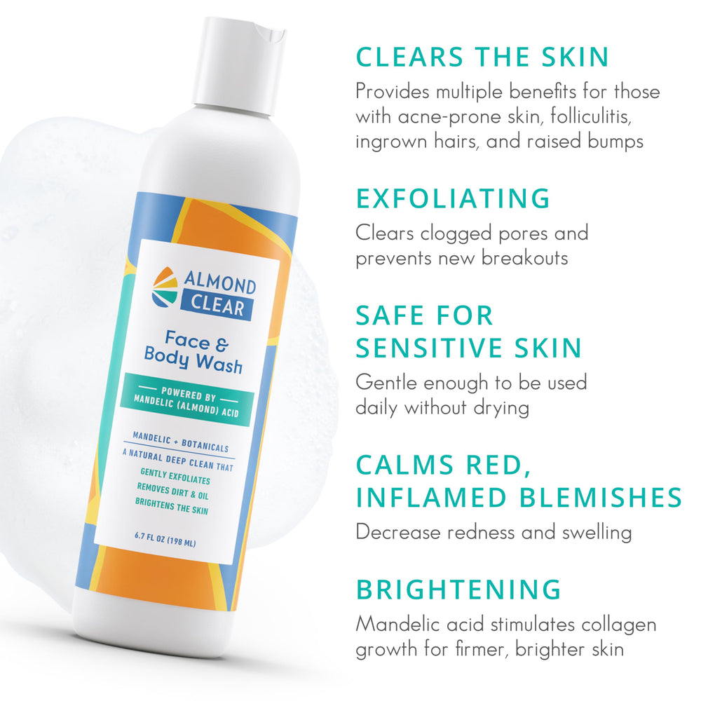Almond Clear exfolie le visage et le corps avec mandélique, pour une peau plus lisse.