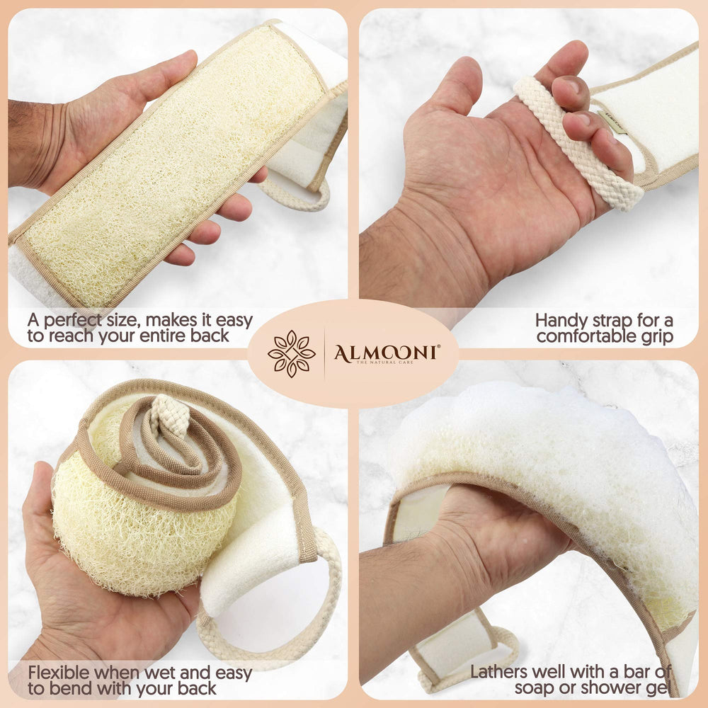 ALMOONI loofah flexible épouse les contours du dos pour une exfoliation homogène.