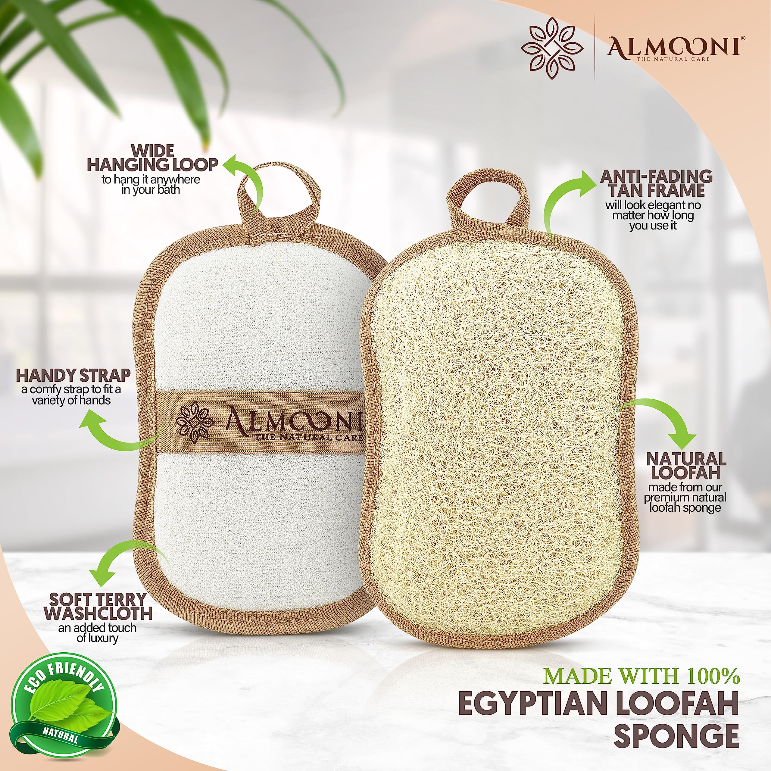 ALMOONI loofah noeud papillon détail texture naturelle et gommage efficace.