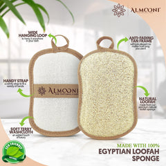 ALMOONI loofah noeud papillon détail texture naturelle et gommage efficace.