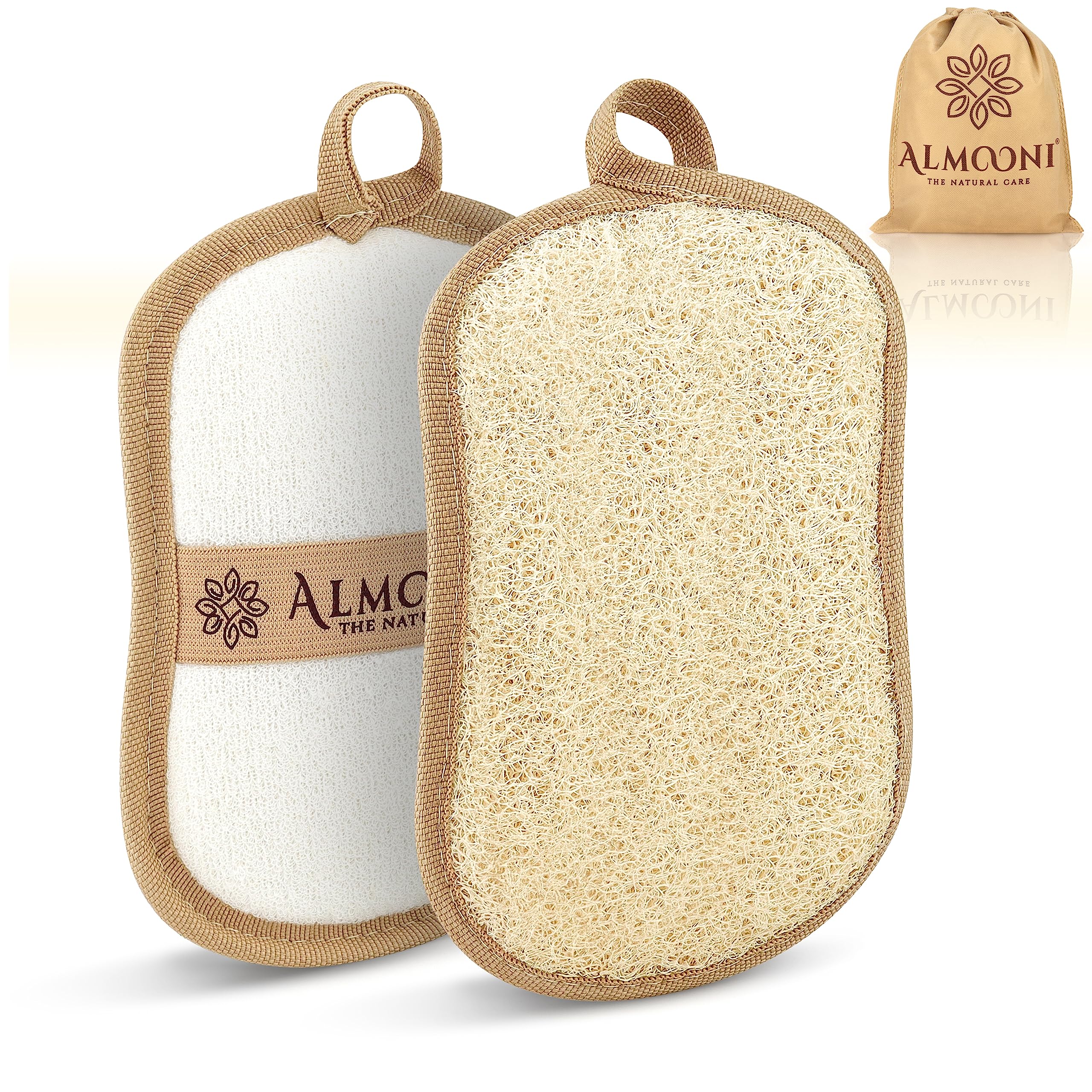 ALMOONI loofah noeud papillon devant, exfolie doucement pour une peau lumineuse.