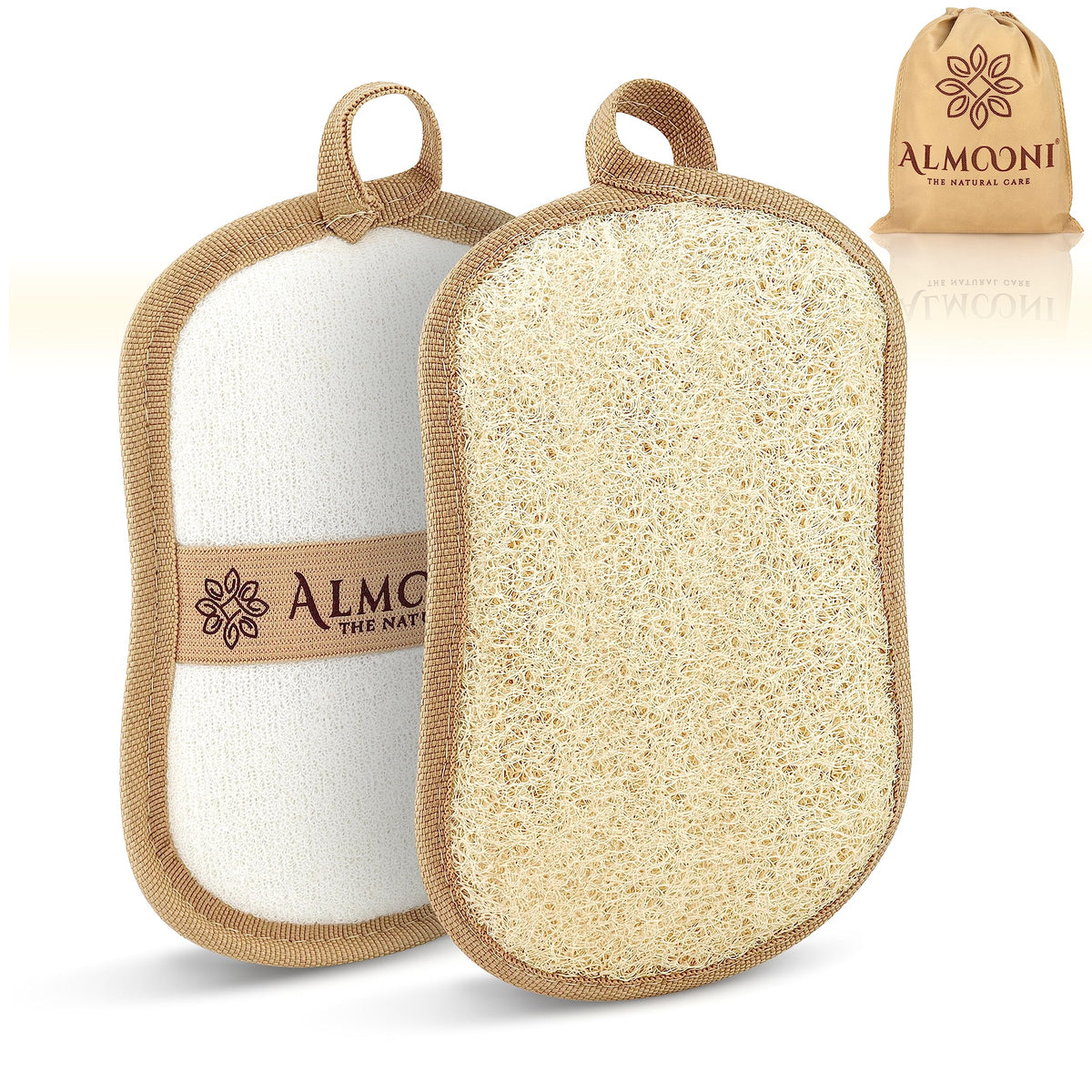 ALMOONI loofah noeud papillon devant, exfolie doucement pour une peau lumineuse.