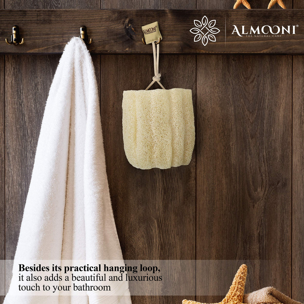 ALMOONI loofah, sensation de fraîcheur et peau plus lisse après usage.