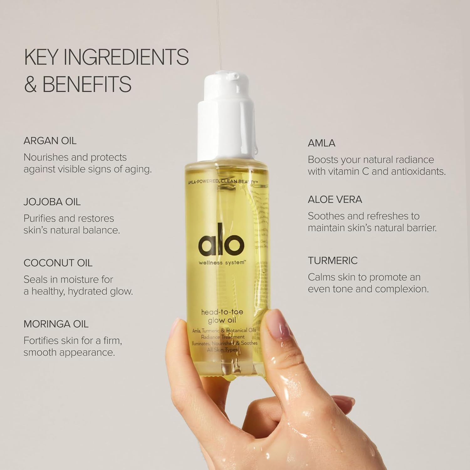 Alo Huile Éclat Texture fluide qui pénètre rapidement la peau.