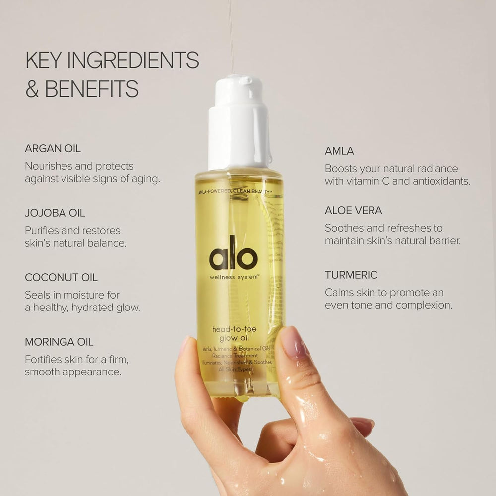 Alo Huile Éclat Texture fluide qui pénètre rapidement la peau.