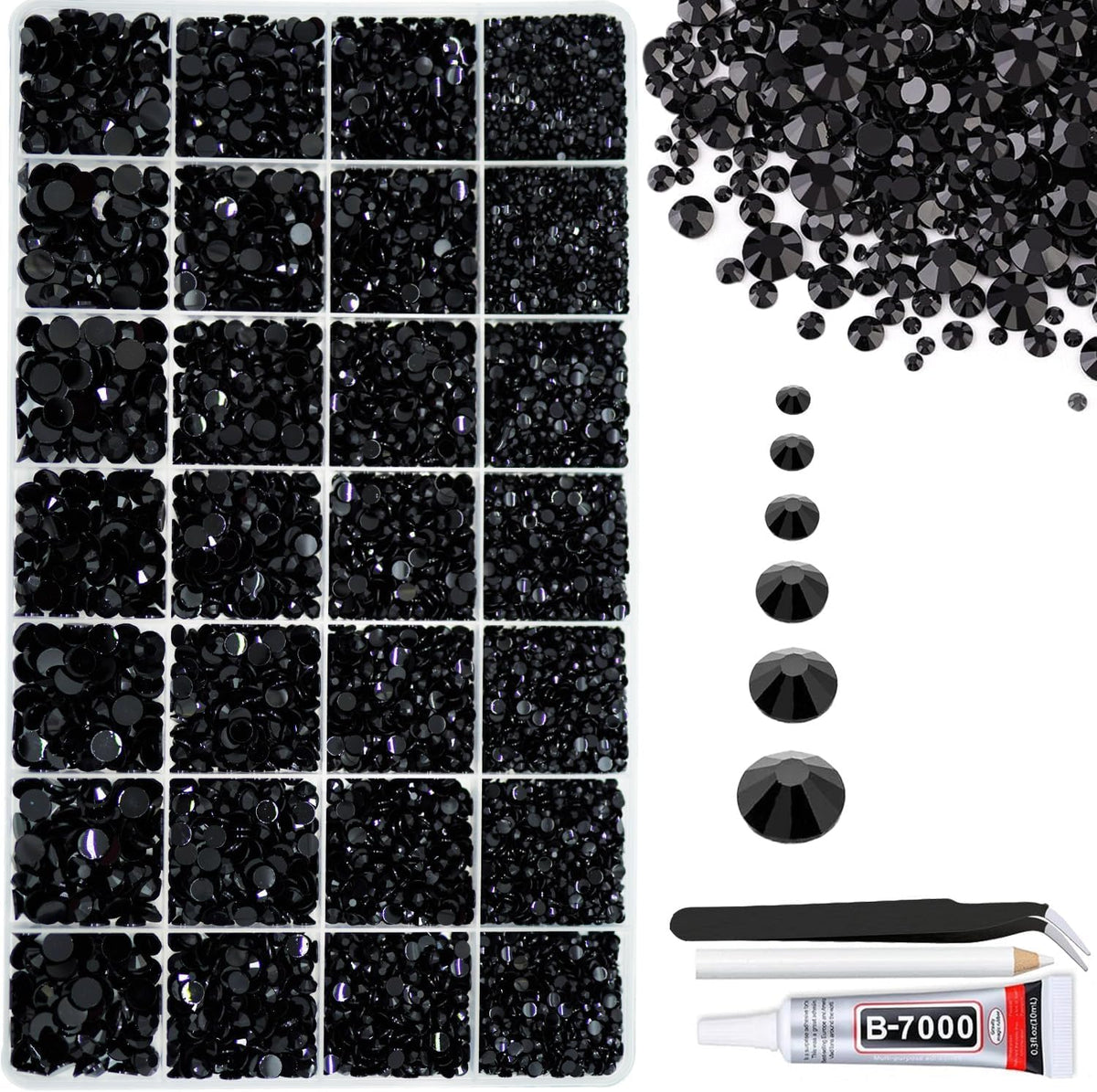 Boîte ALOCIAM avec 28 grilles et strass noirs brillants pour bedazzling.