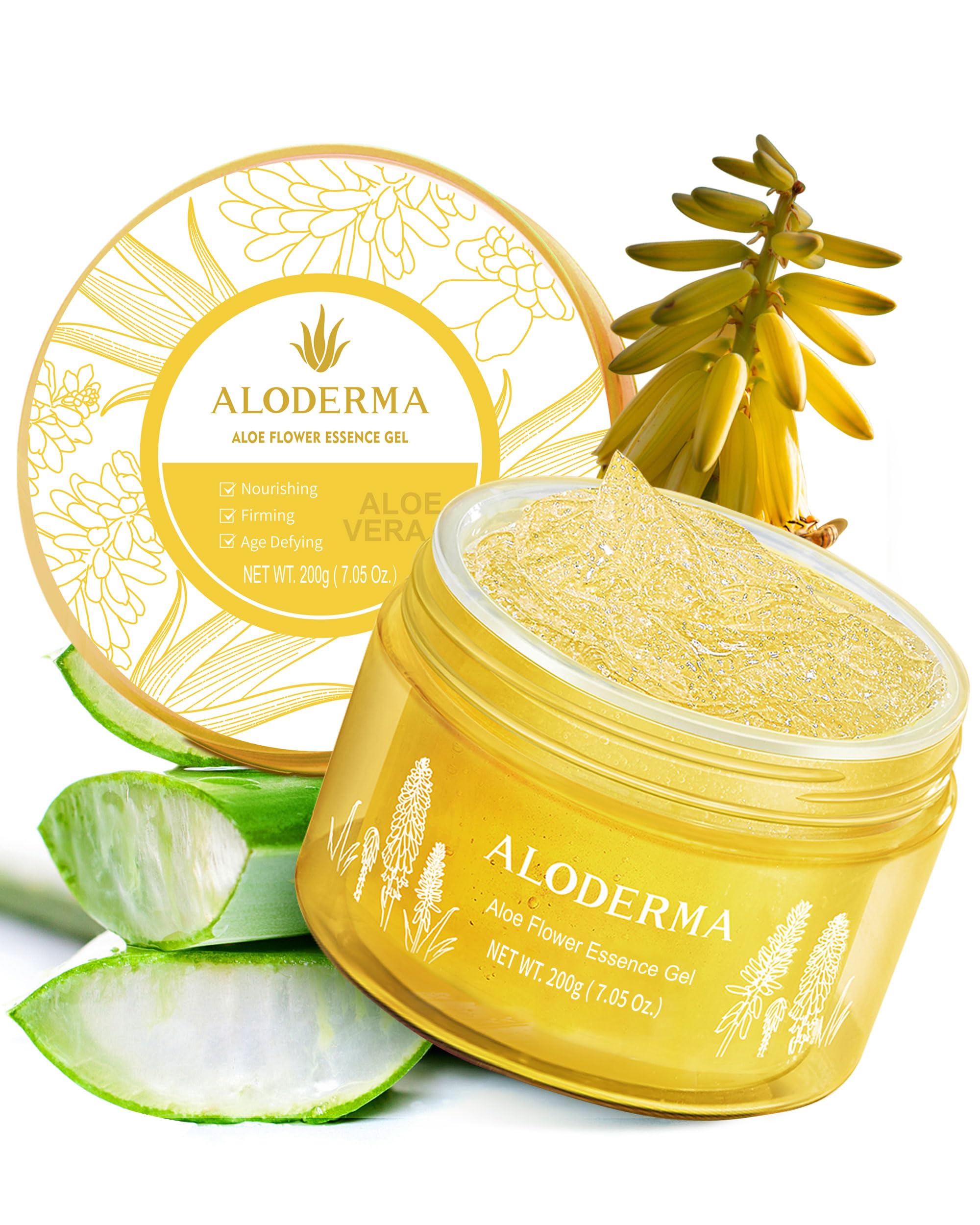 Aloderma: bouteille gel aloé 24K or pour hydratation et éclat.