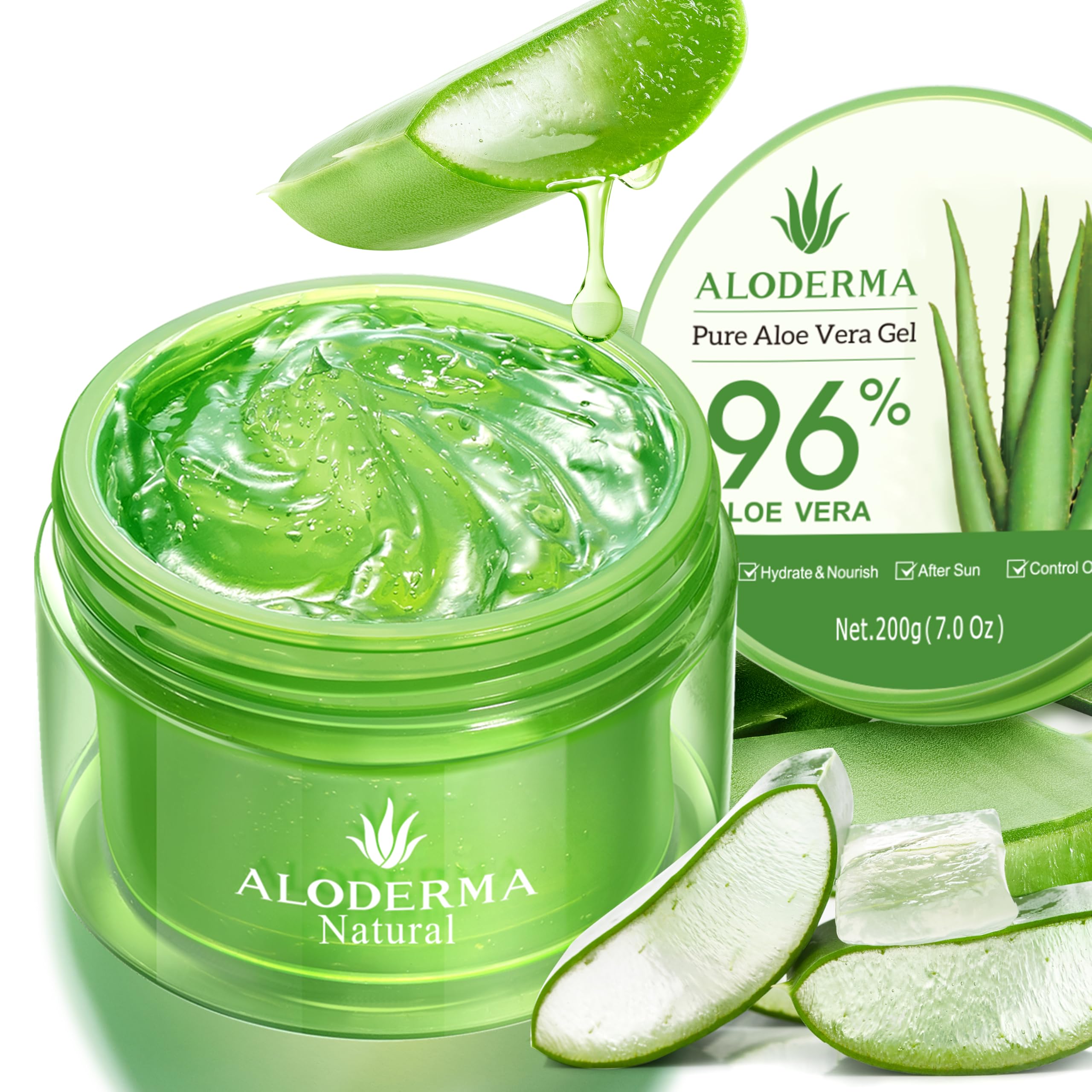 Aloderma Gel d'Aloe Pur dans le flacon, hydratation légère et rapide.