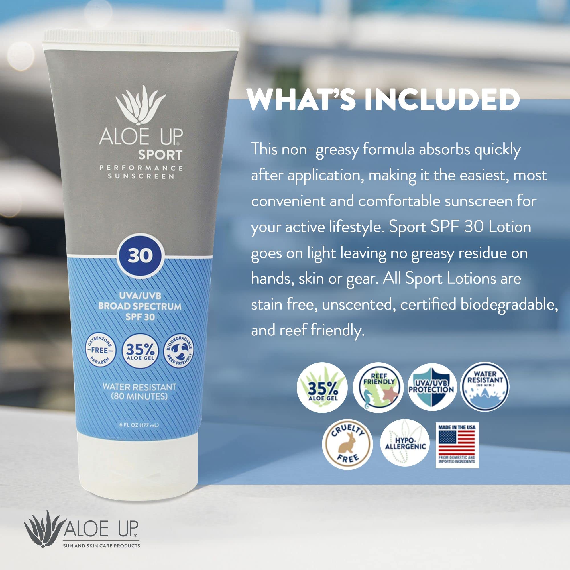 Aloe Up-lotion solaire sport formulée sans alcool, parfum et oxybenzone.