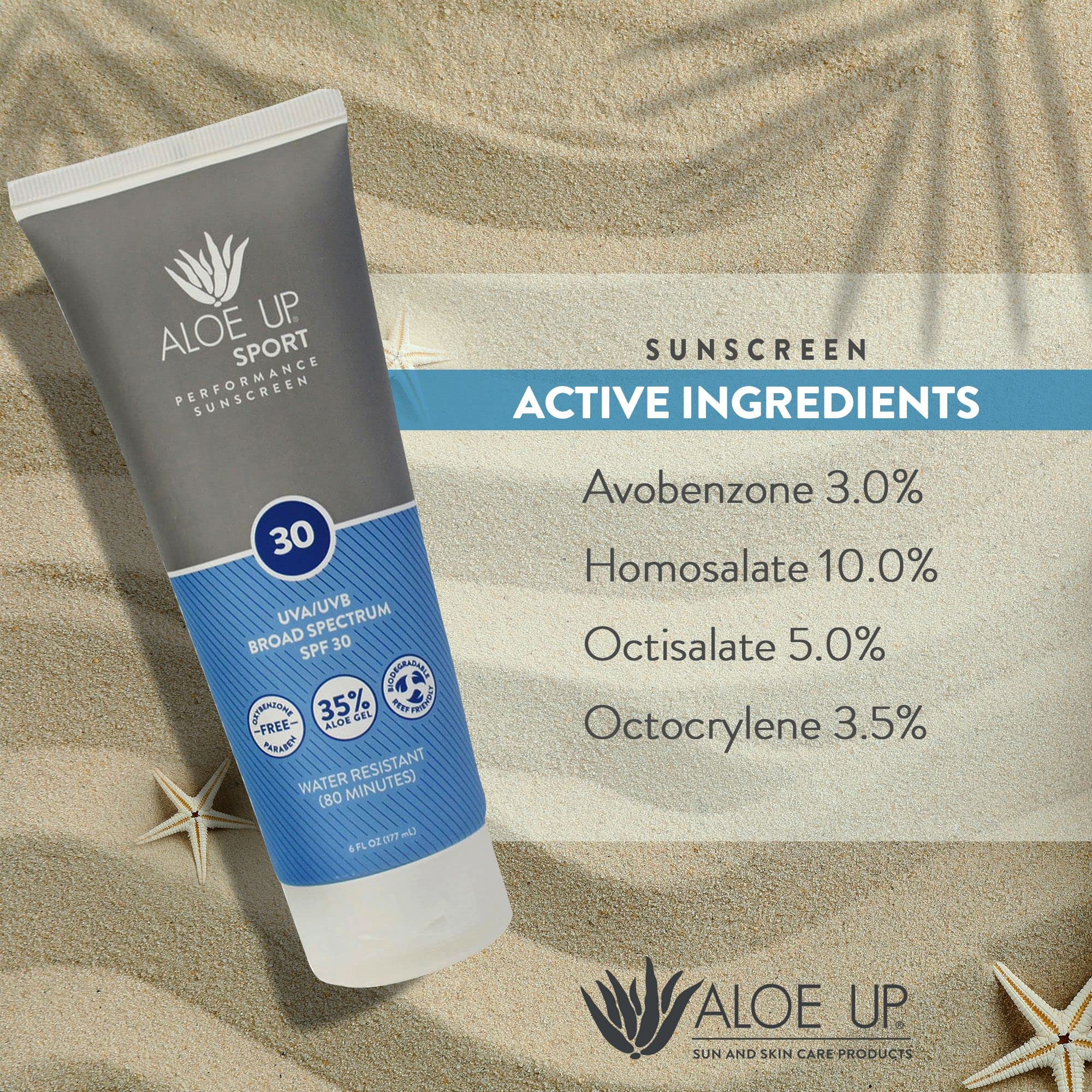 Aloe Up-lotion solaire sport contient 35% gel d’aloé vera hydratant.