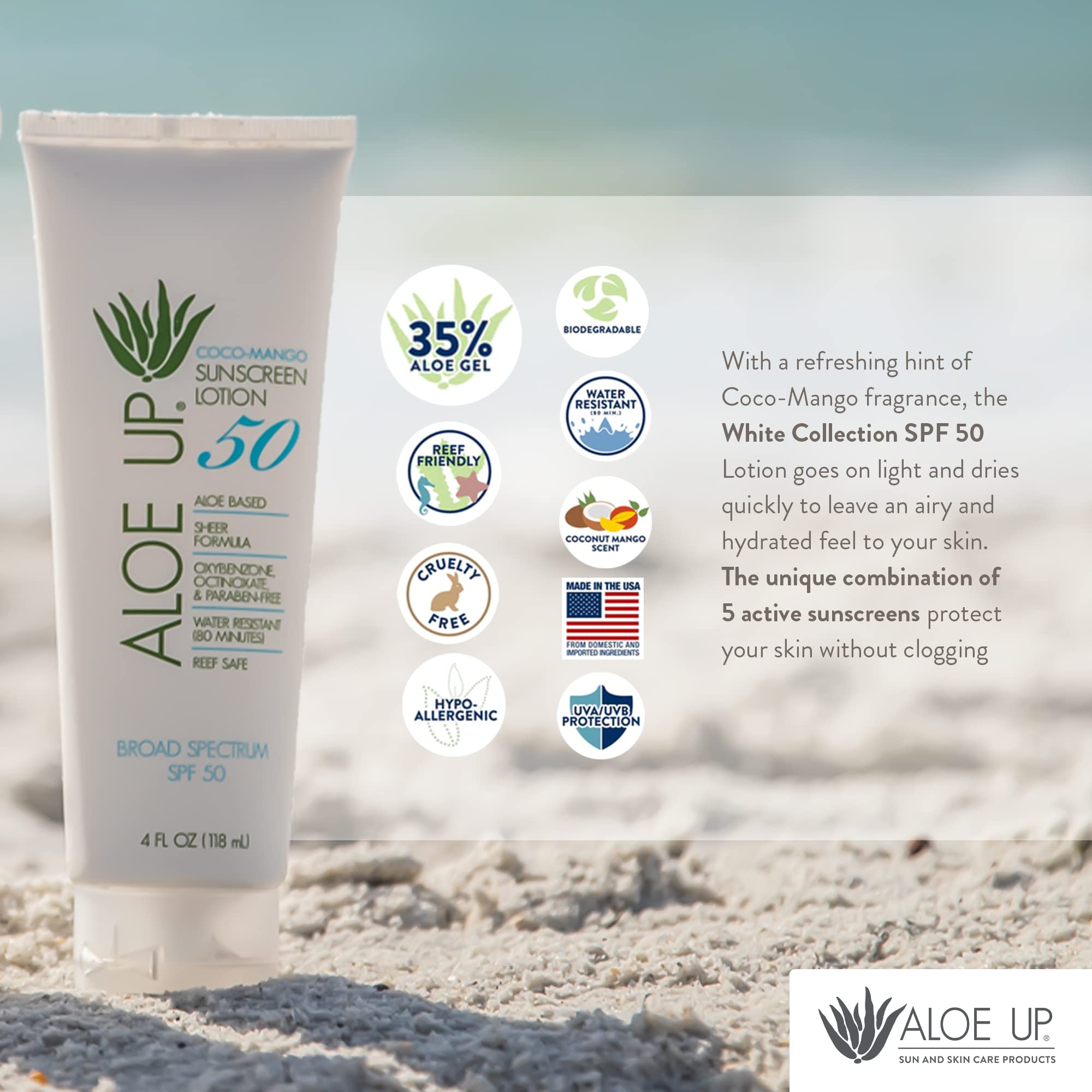 Aloe Up SPF50, formule naturelle sans alcool et sans parabènes.