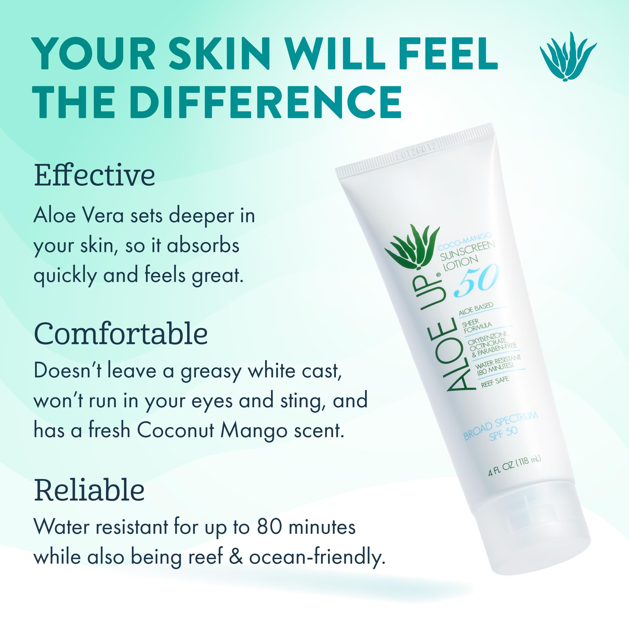 Aloe Up SPF50, parfum coco-mangue, protection légère et agréable.
