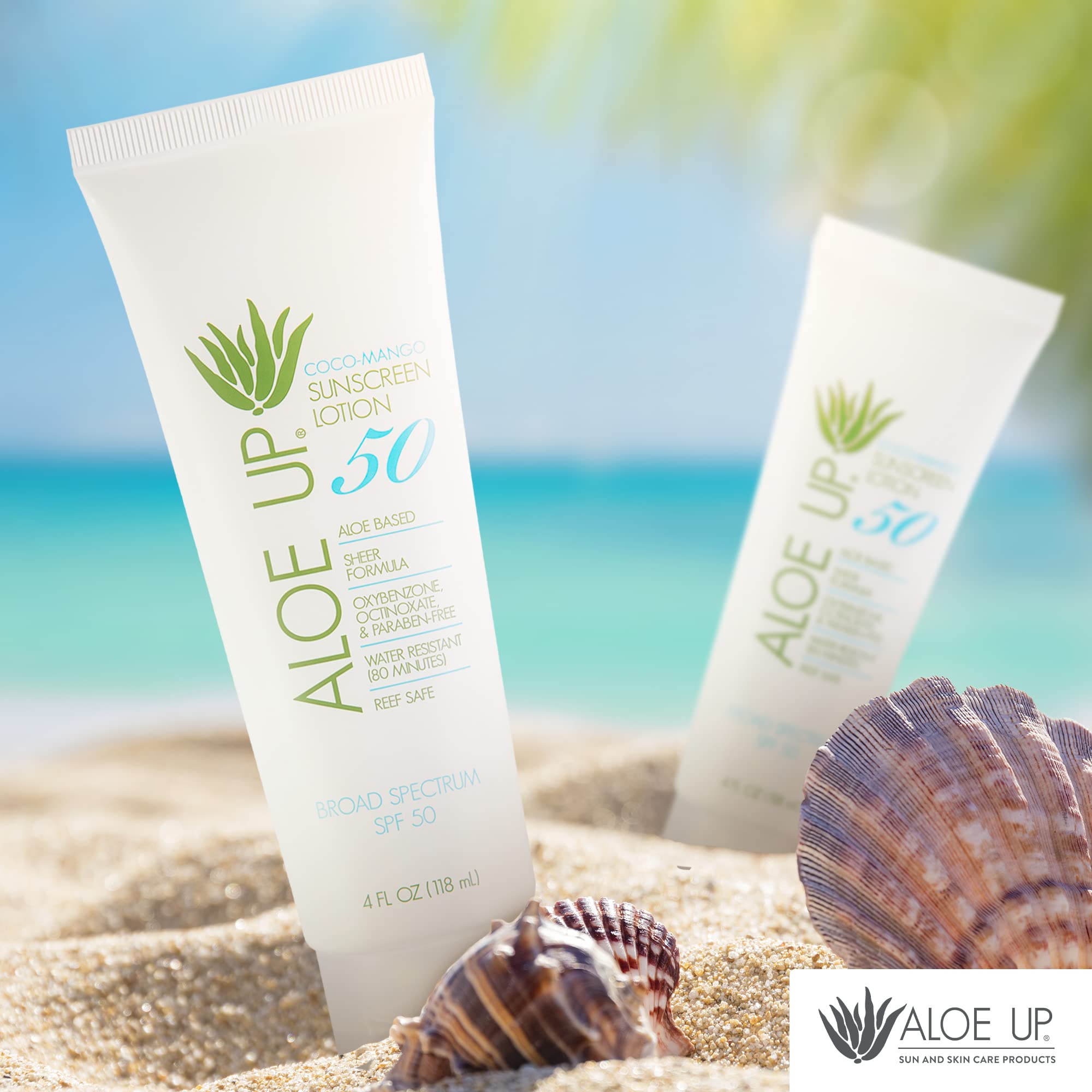 Aloe Up SPF50, idéal pour plage et activités familiales.
