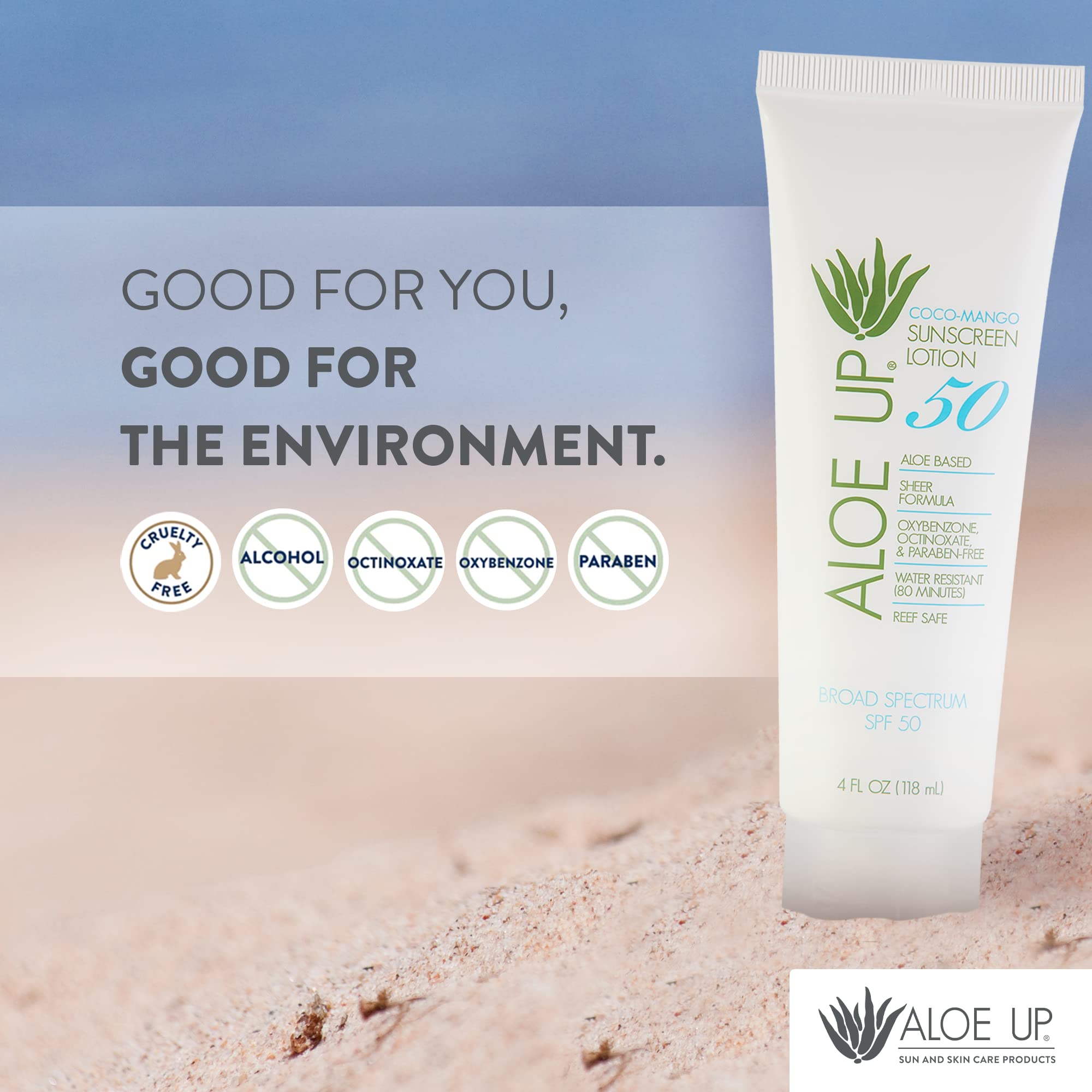 Aloe Up SPF50, formulation sans oxybenzone et octinoxate.