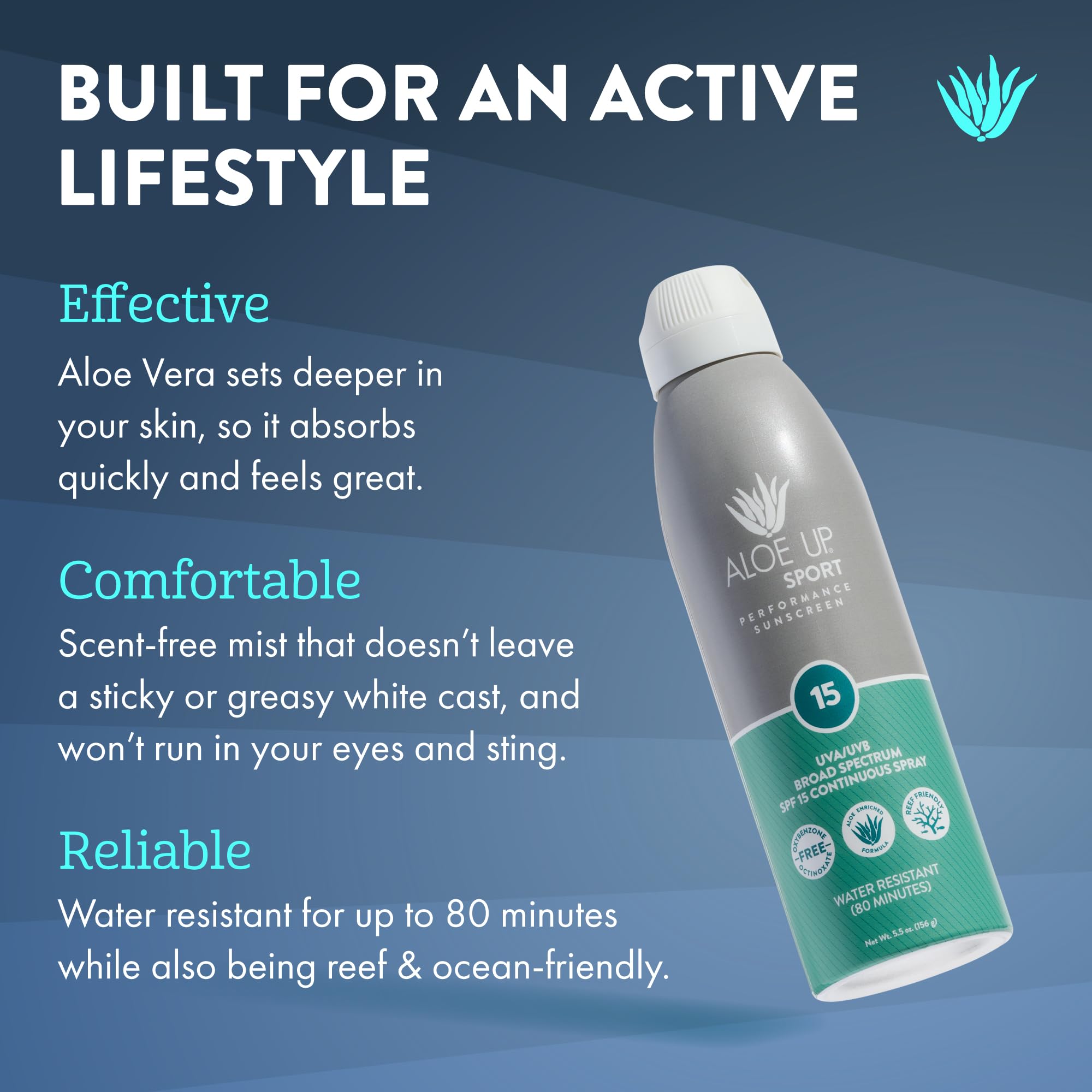 ALOE UP Sport Spray SPF15 — application rapide et légère sans traces blanches.