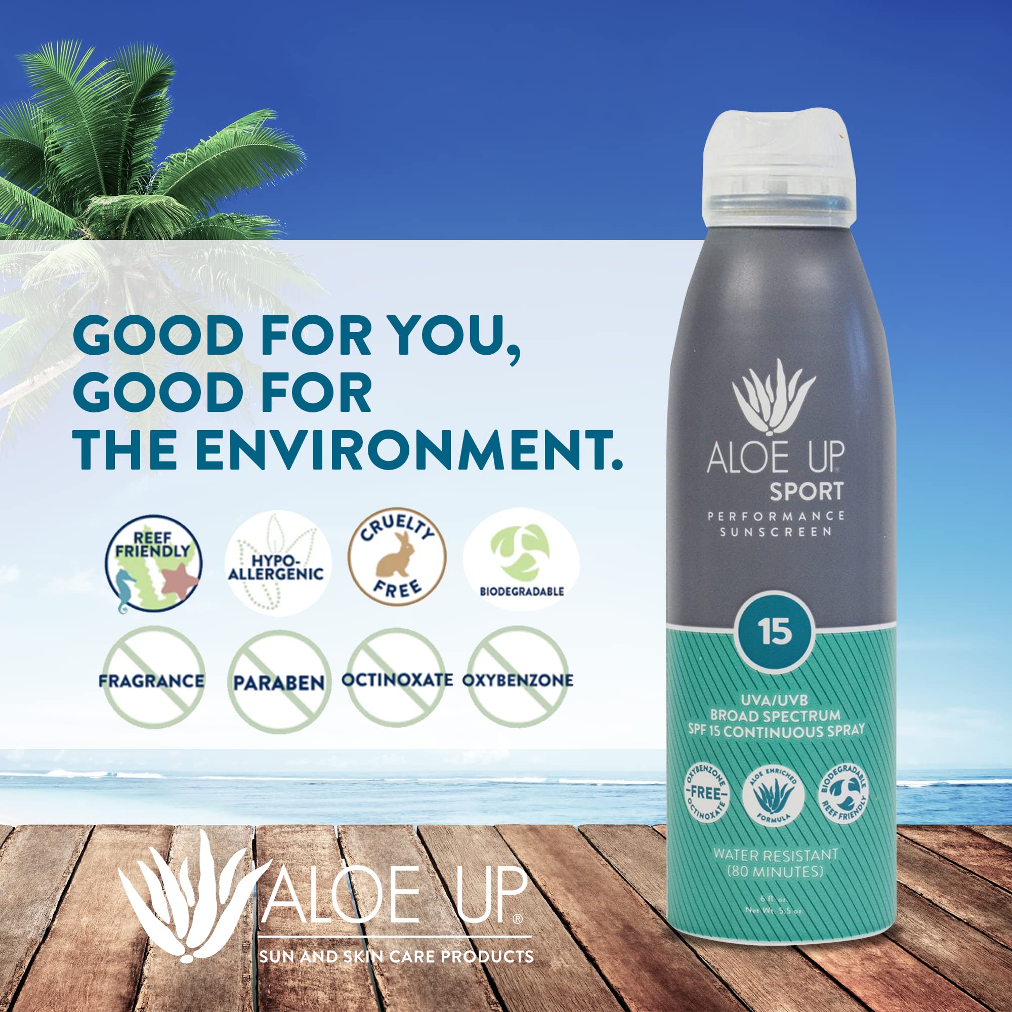 ALOE UP Sport Spray SPF15 — protection durable lors d'activités sportives et baignades.