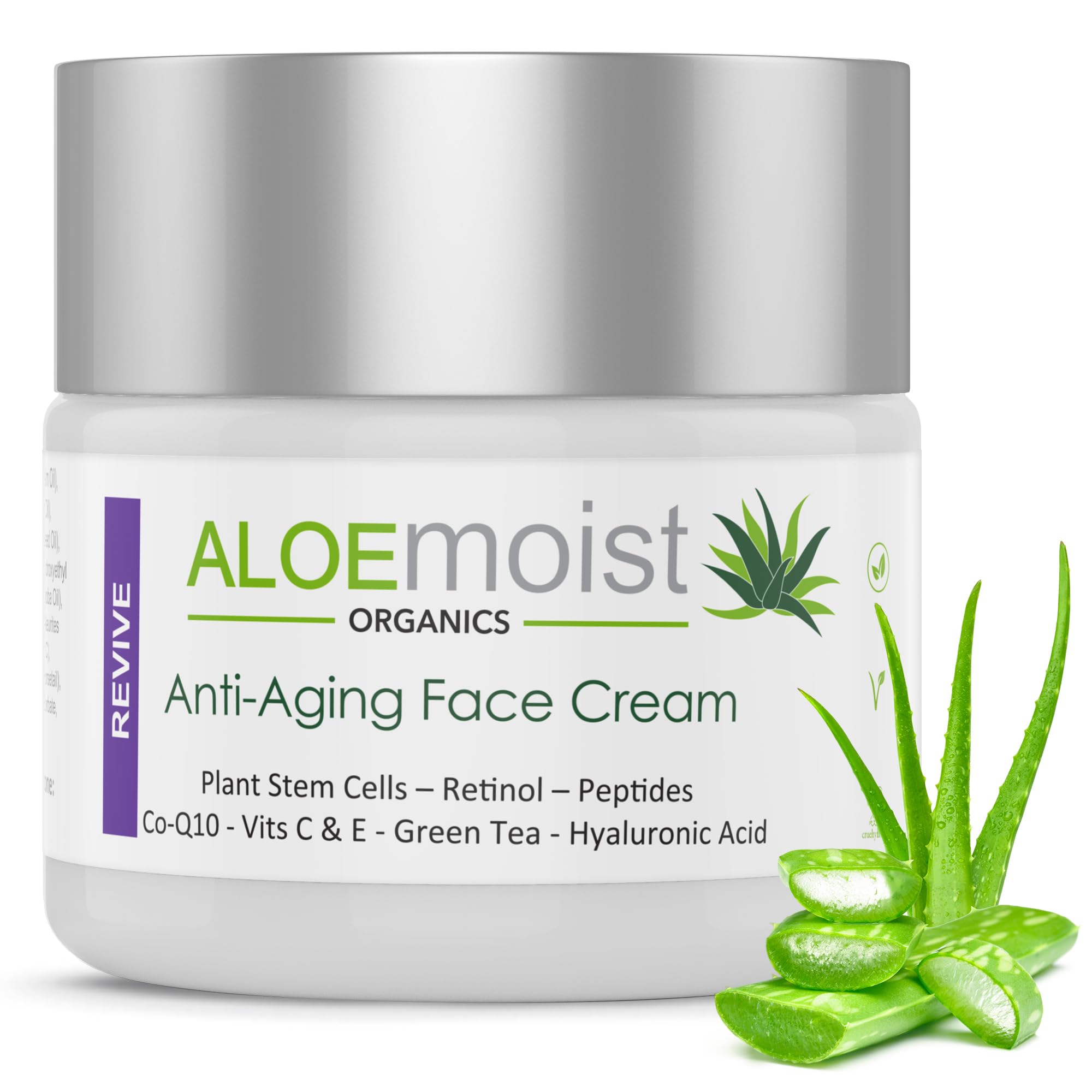 AloeMoist Revive, flacon crème retinol visage, absorption rapide et hydratation durable.