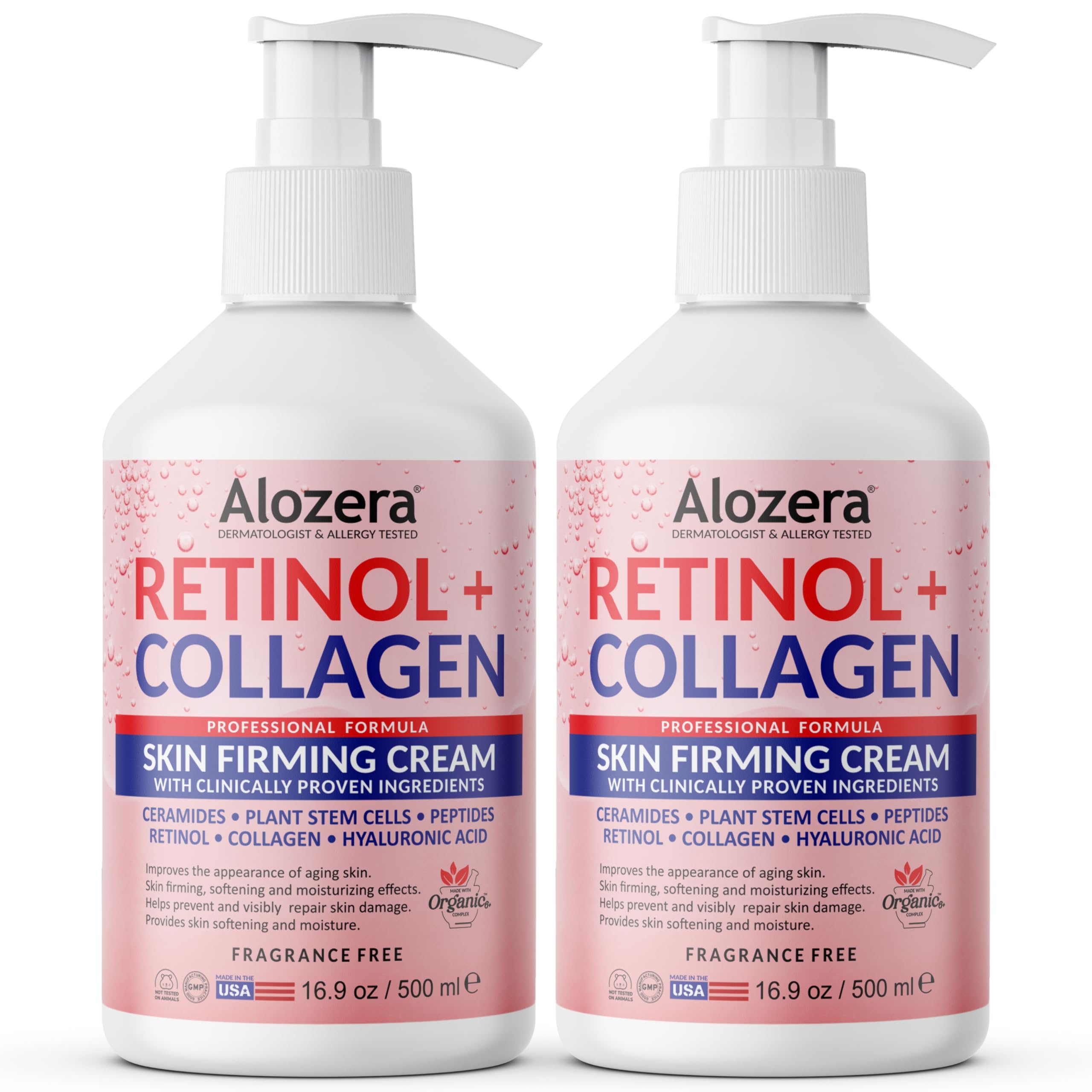 Lotion Alozera dans sa bouteille, formule retinol et collagène pour une fermeté potentielle.