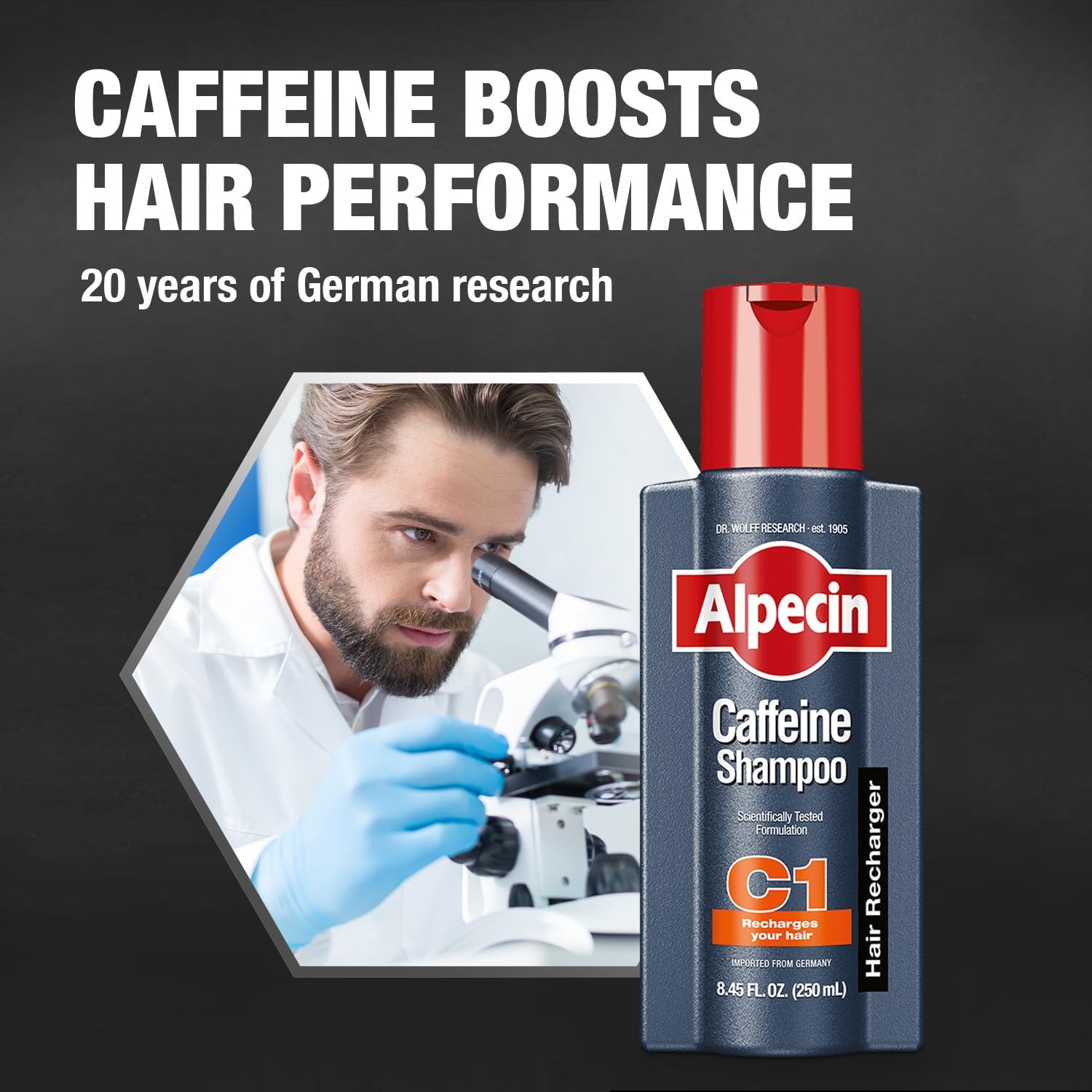 Flacon du liquide après-shampooing Alpecin, énergie du cuir chevelu et cheveux plus forts.