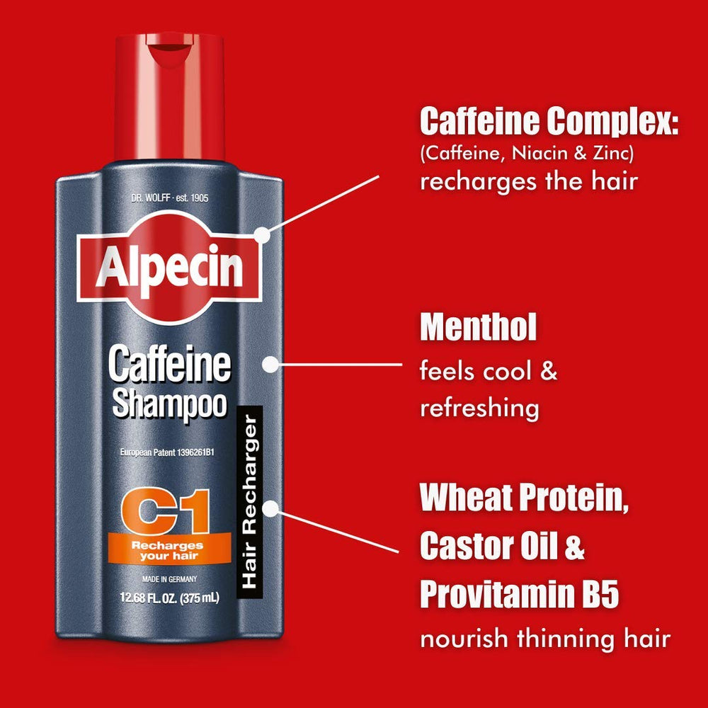 Zoom sur le cuir chevelu avec Alpecin C1, peut aider à densifier l’apparence des cheveux.
