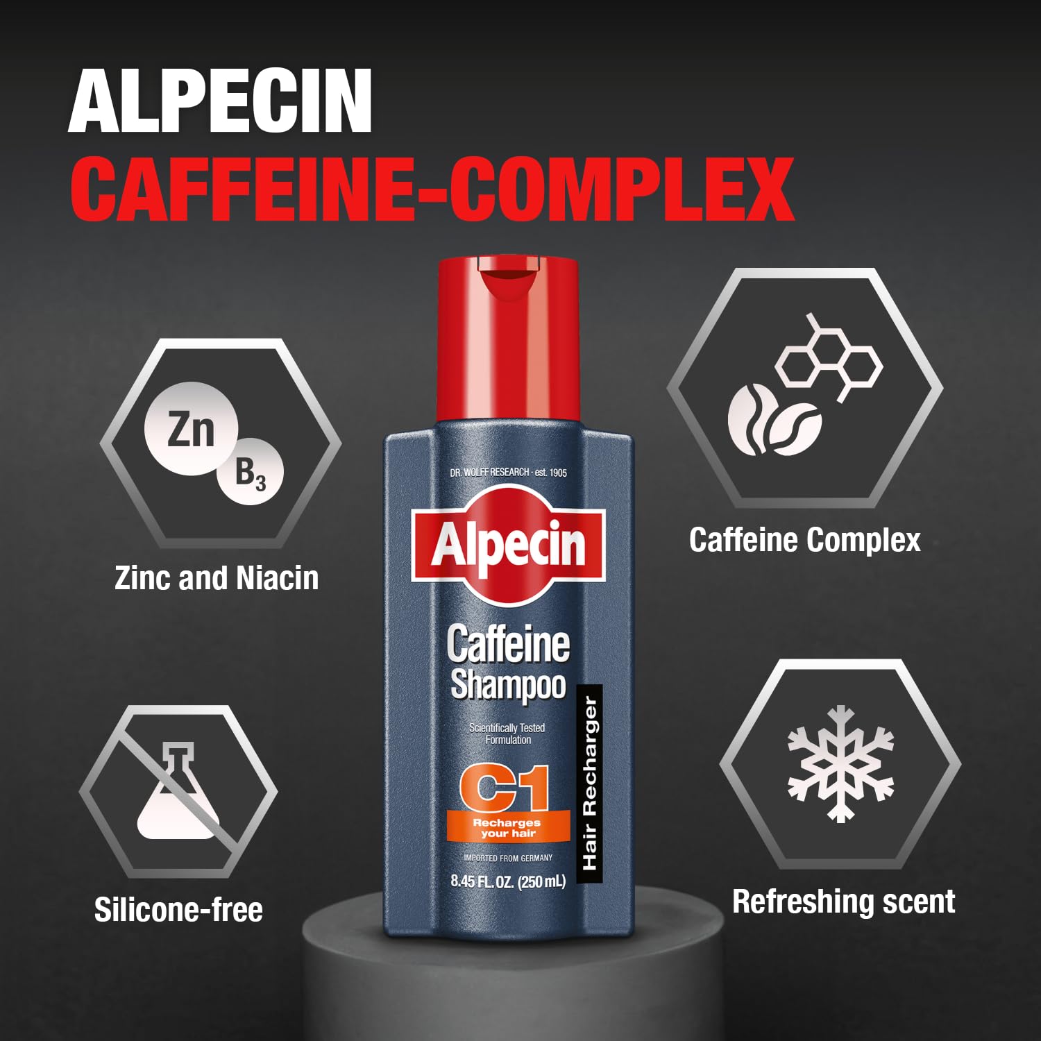 Alpecin C1 Shampoing Caféine : Huile de ricin ajoutée, parfum frais et soin du cuir chevelu.
