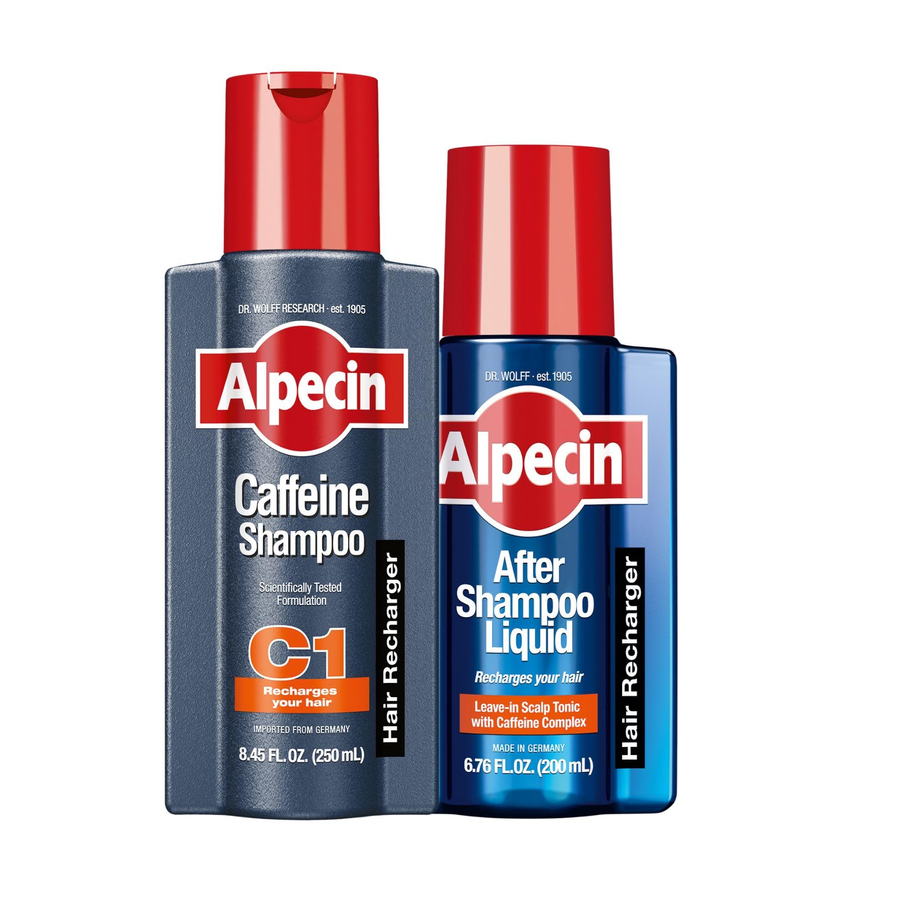Alpecin C1 Shampooing à Caféine en bouteille, favorisant potentiellement une chevelure plus dense.