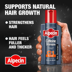 Étiquette du shampooing Alpecin C1 affichant caféine et zinc pour des résultats potentiels.