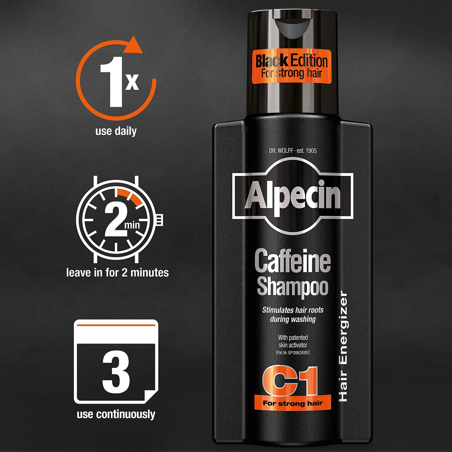 Alpecin C1 Black Edition – flacon compact pratique pour une routine quotidienne.
