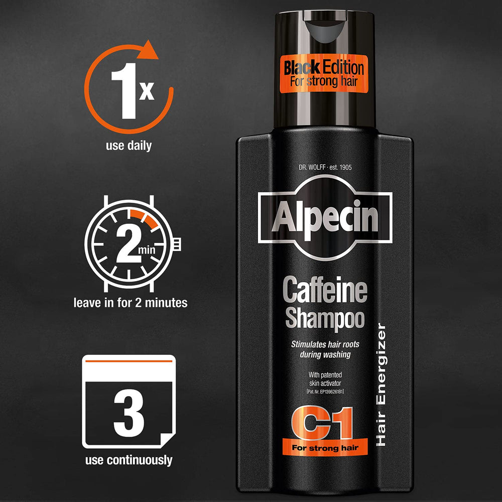 Alpecin C1 Black Edition – flacon compact pratique pour une routine quotidienne.
