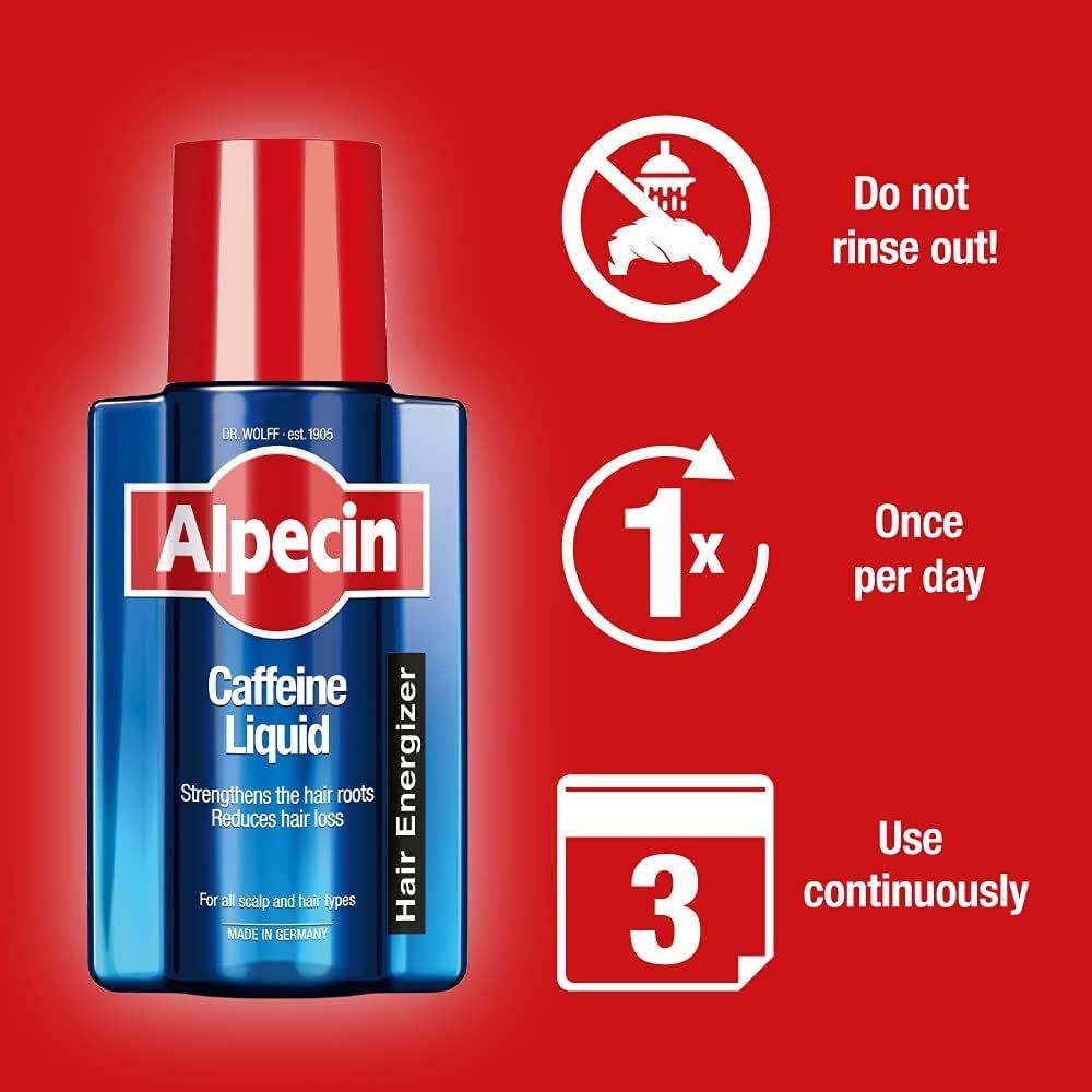 Chevelure après utilisation du shampooing Alpecin, apparence plus dense et lumineuse.