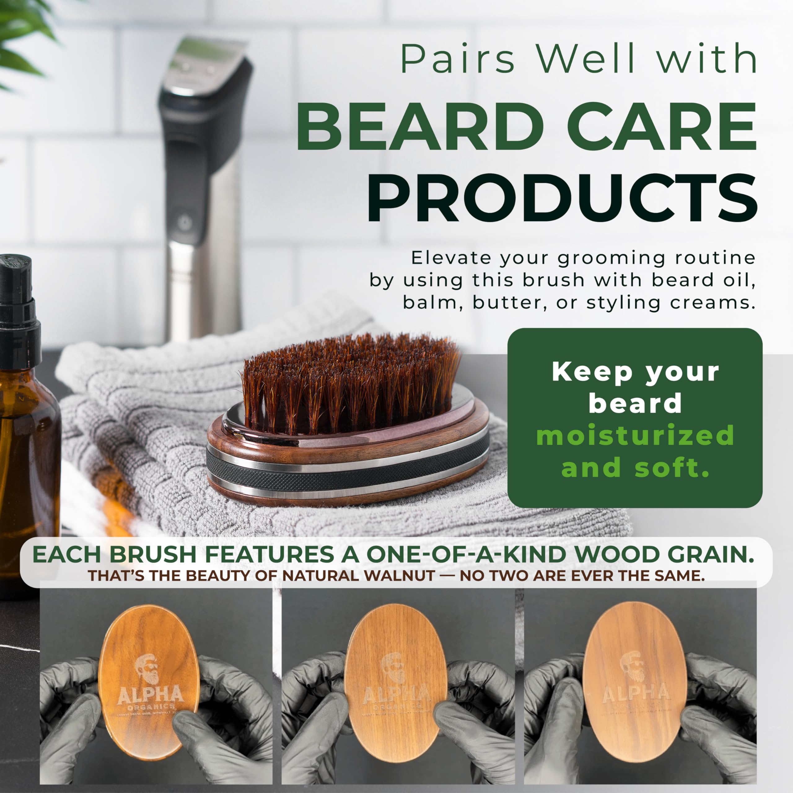Brosse barbe Alpha Organics après-douche prête à l’emploi pour un coiffage rapide.