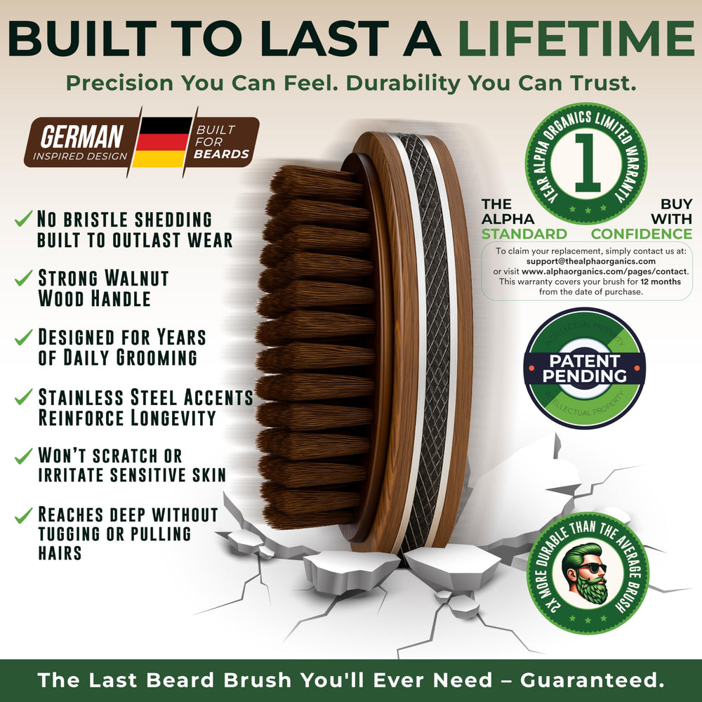 Brosse barbe Alpha Organics finition acier inox pour un look durable.
