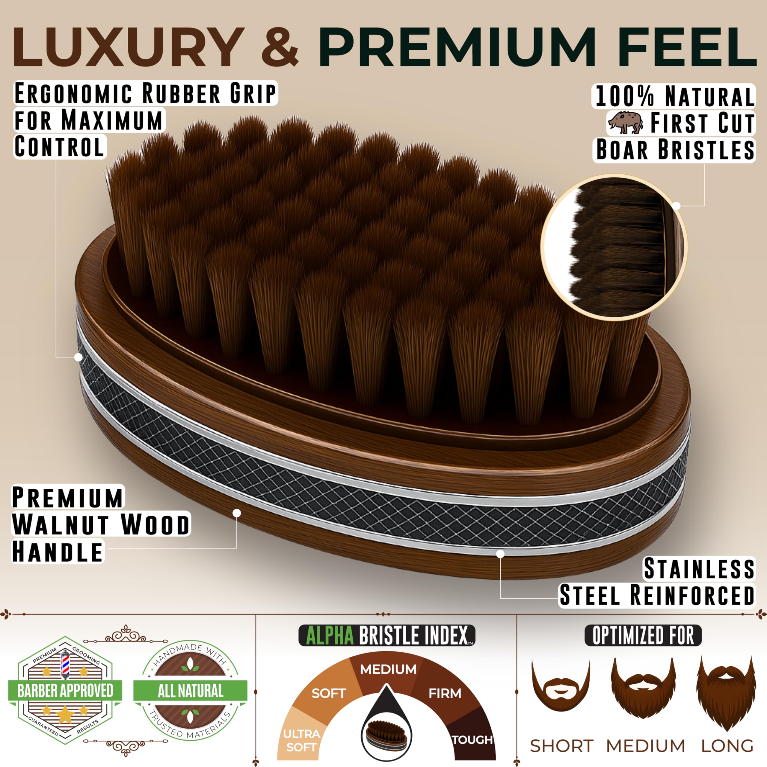 Brosse barbe Alpha Organics manche bois-noyer pour une prise en main ergonomic.