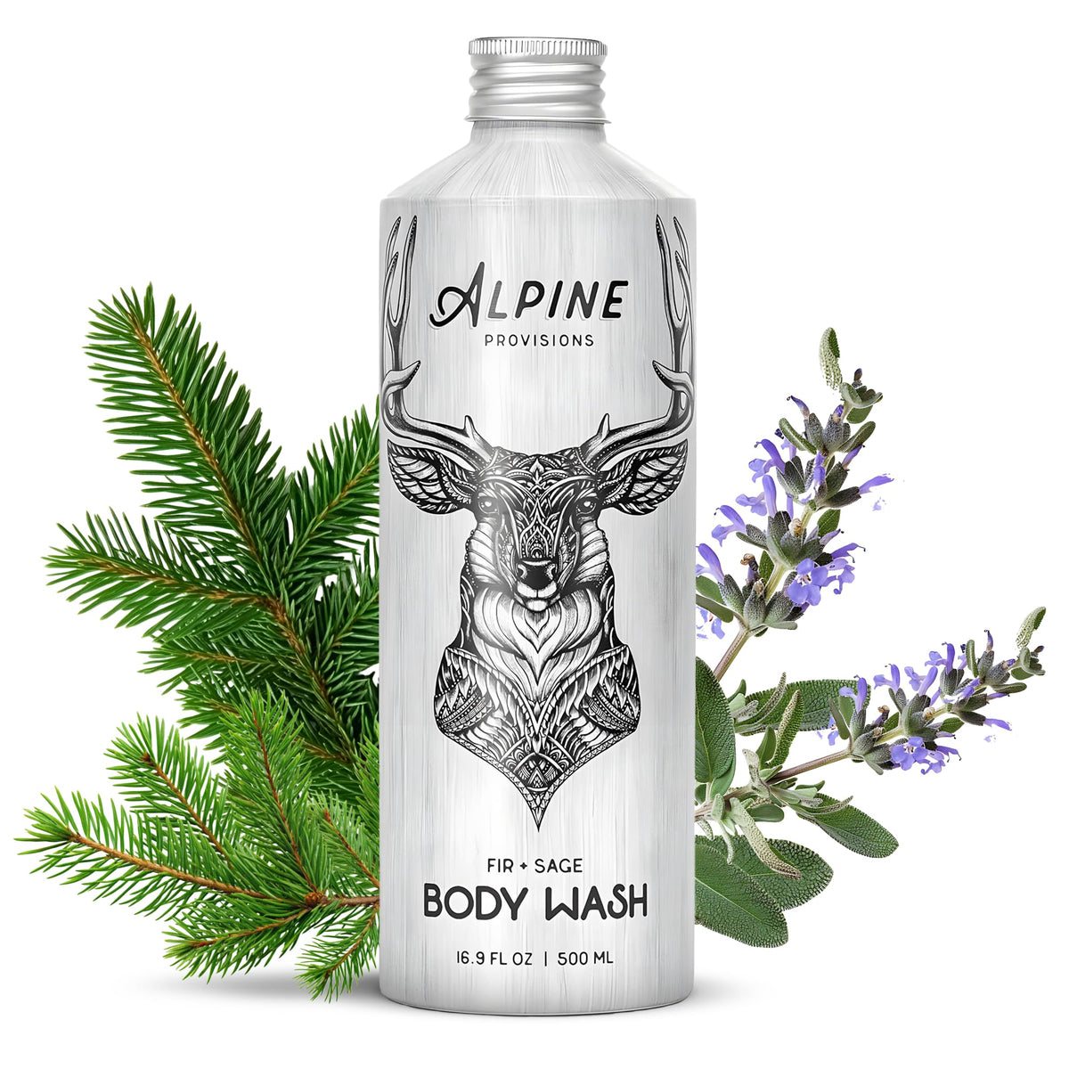 Flacon douche Alpine Provisions pin-sauge, senteur alpine revitalisante pour la peau.