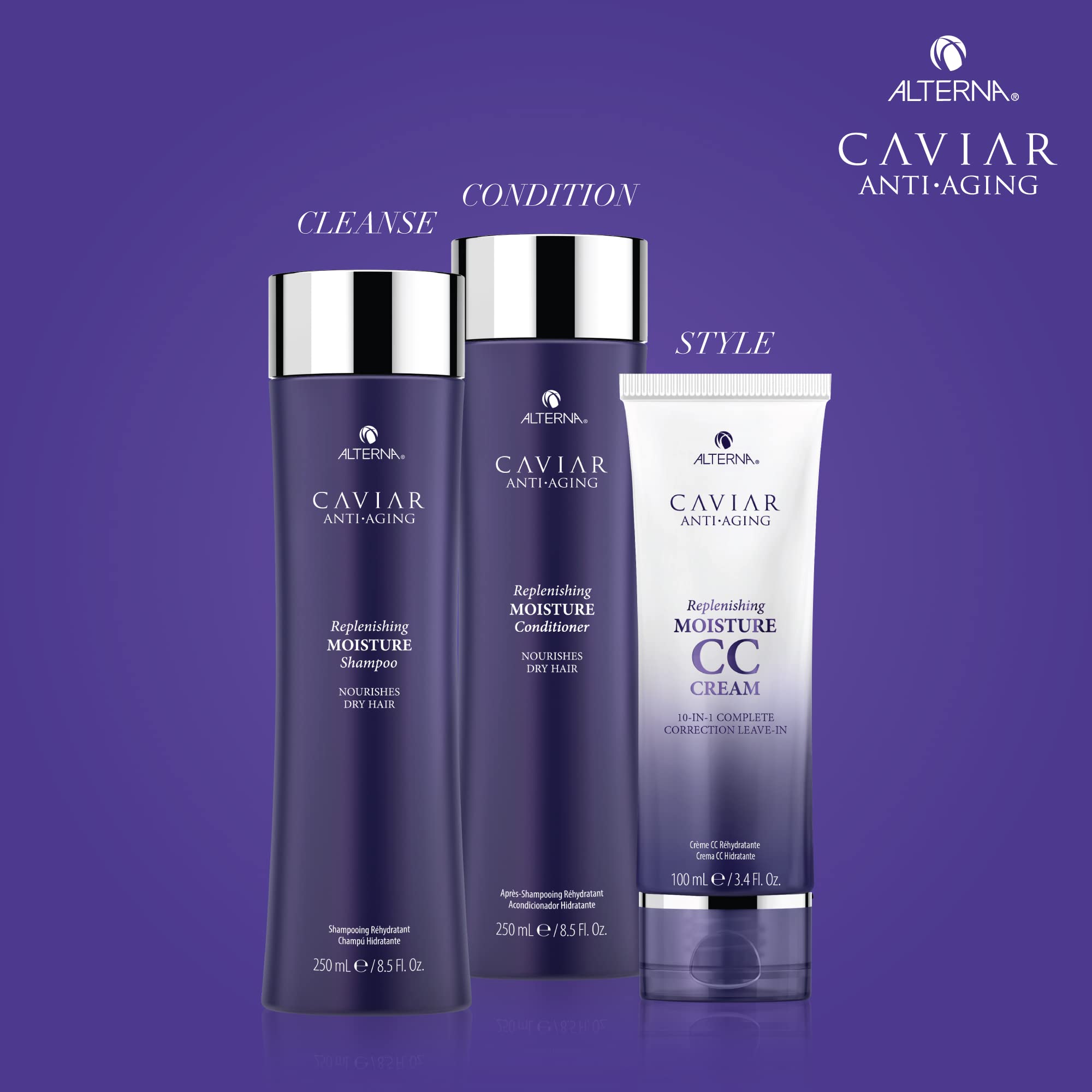 Ensemble Caviar Anti‑Âge Alterna en emballage, routine capillaire premium et pratique.