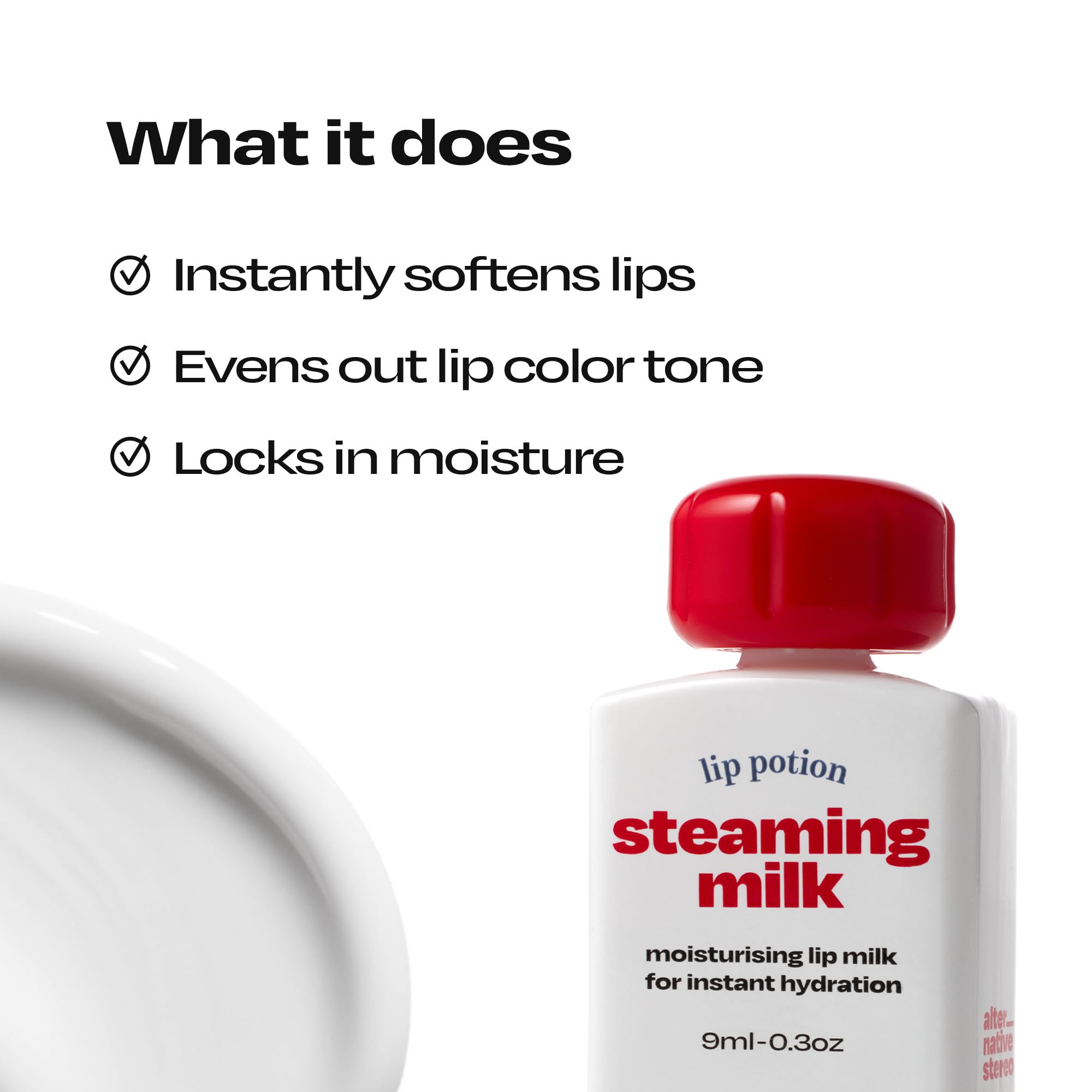 Texture Lait Liquide de Lip Potion, démontrant une glisse rapide sans résidu collant.