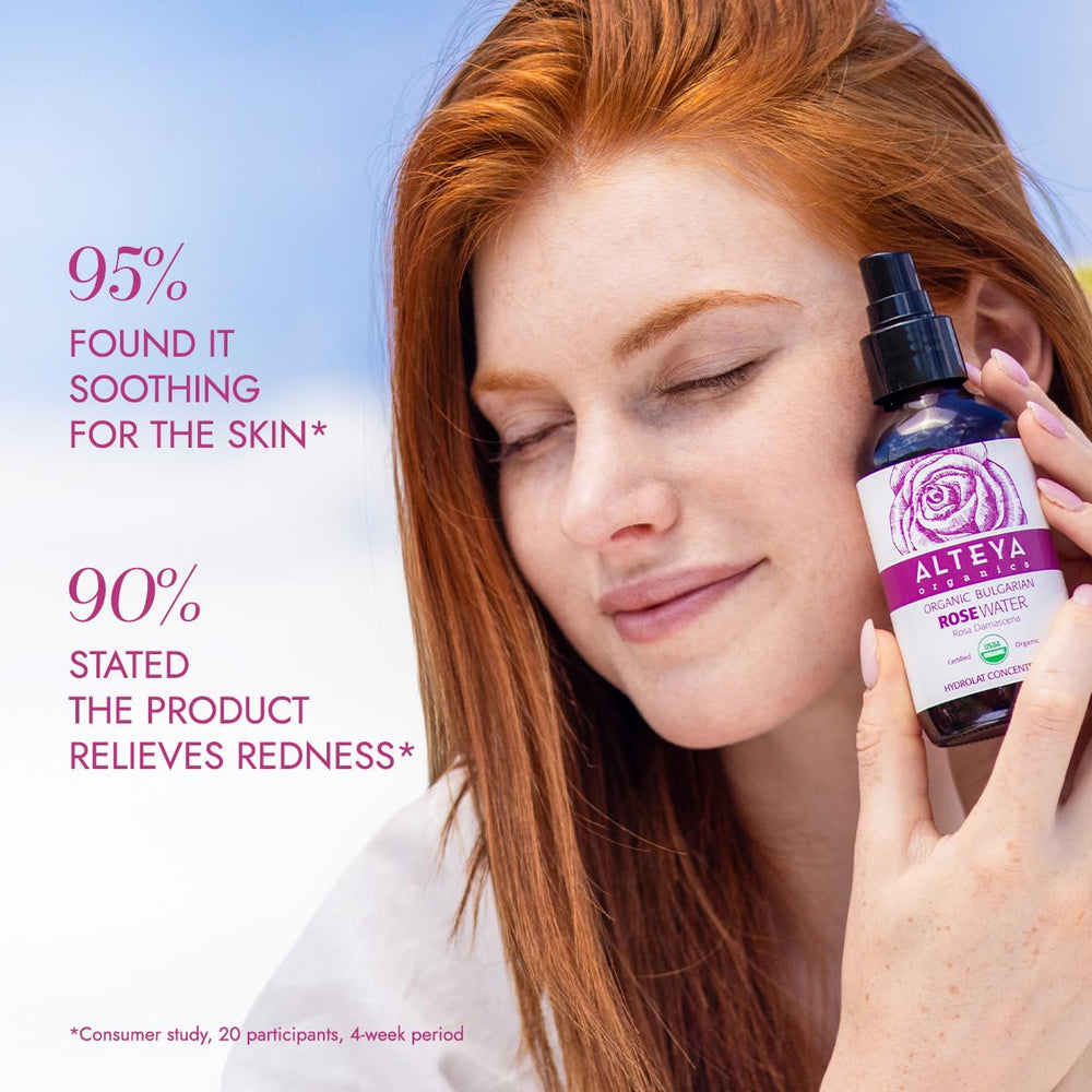 Soin quotidien à l’eau de rose Alteya pour peau et cheveux.