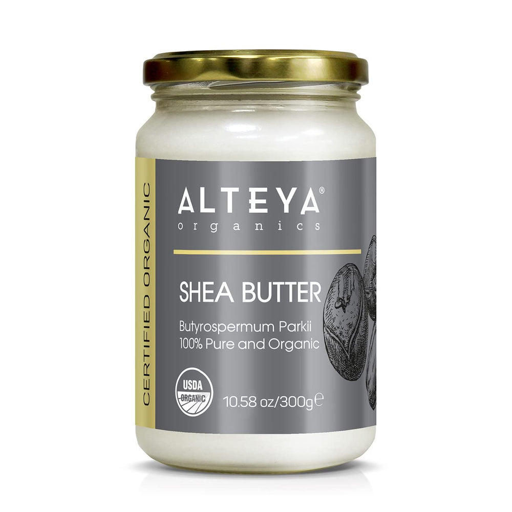 Beurre karité pur Alteya Organics dans un bocal verre, hydratation durable.