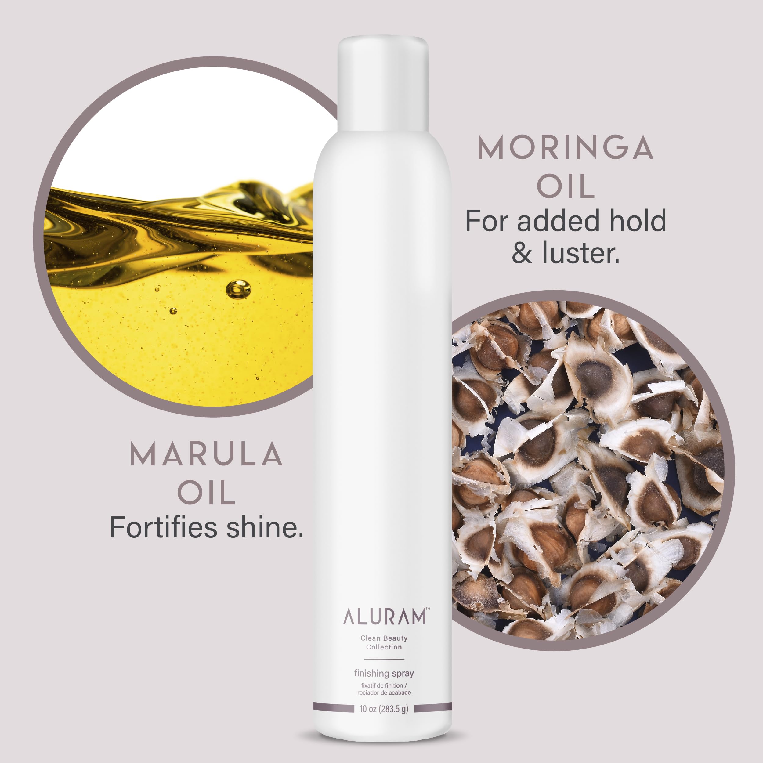 ALURAM Finishing Spray intègre Marula, Moringa et Coco pour nourrir et hydrater.