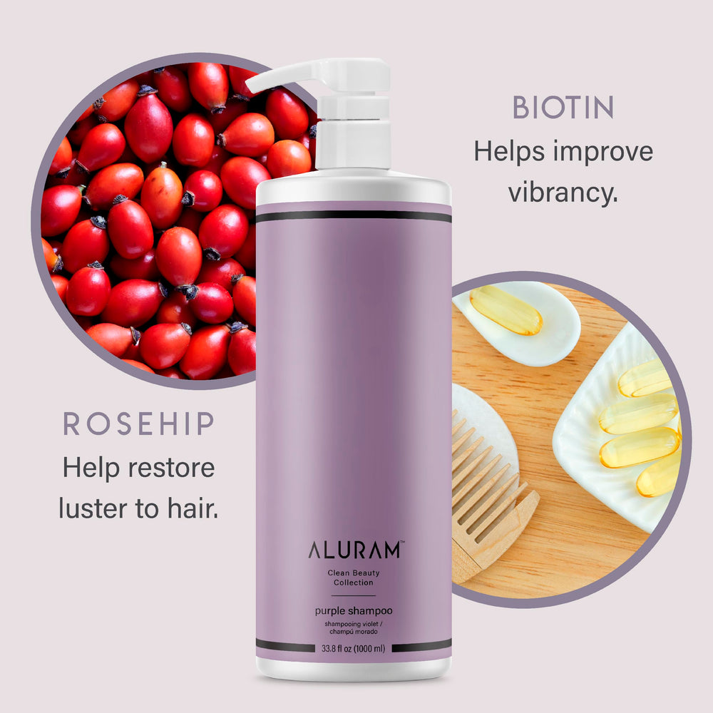 ALURAM Shampoing violet nourrissant, graines-de-rose et biotine pour cheveux colorés.
