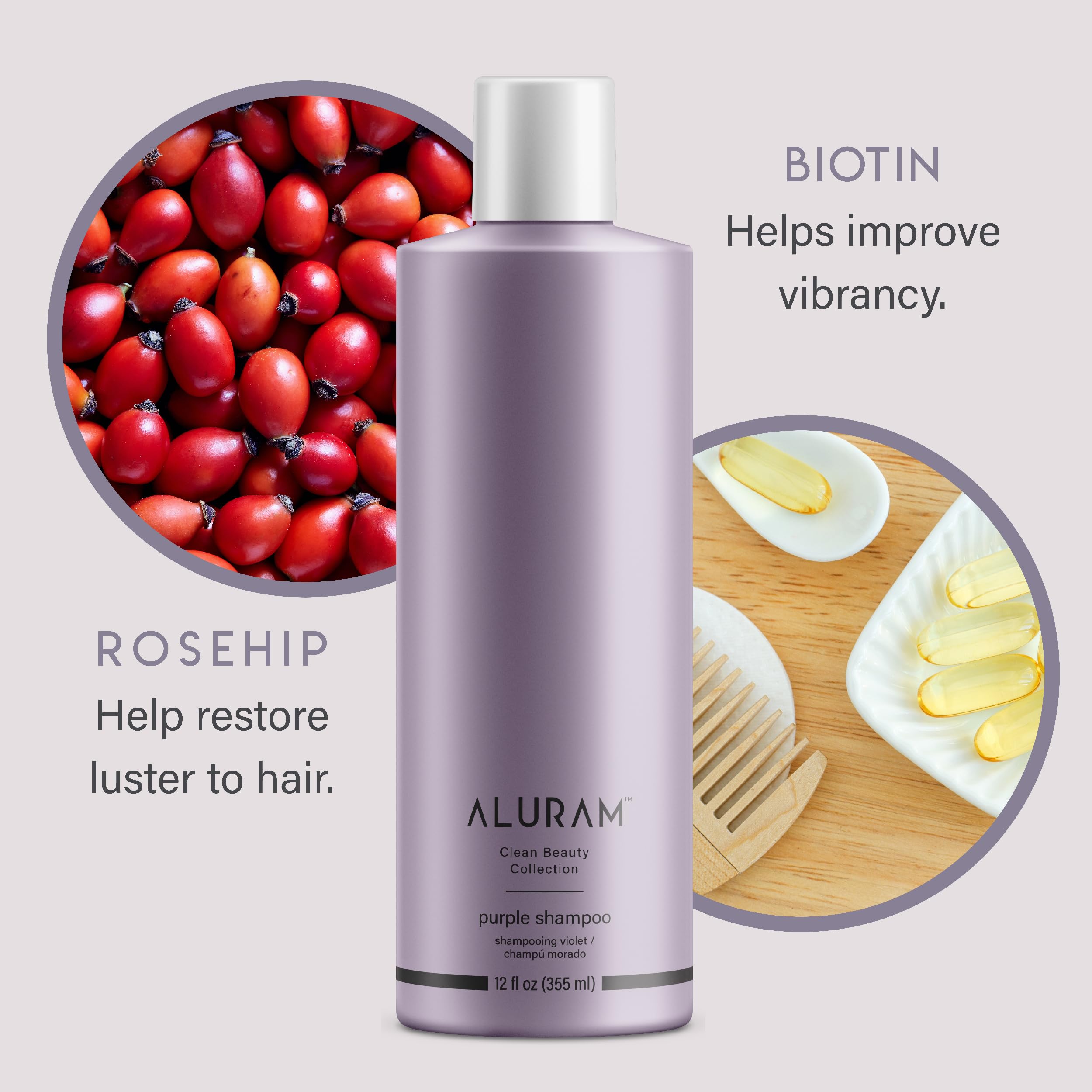 ALURAM Shampooing violet nourrissant avec rose hips et biotine pour cheveux colorés et gris.